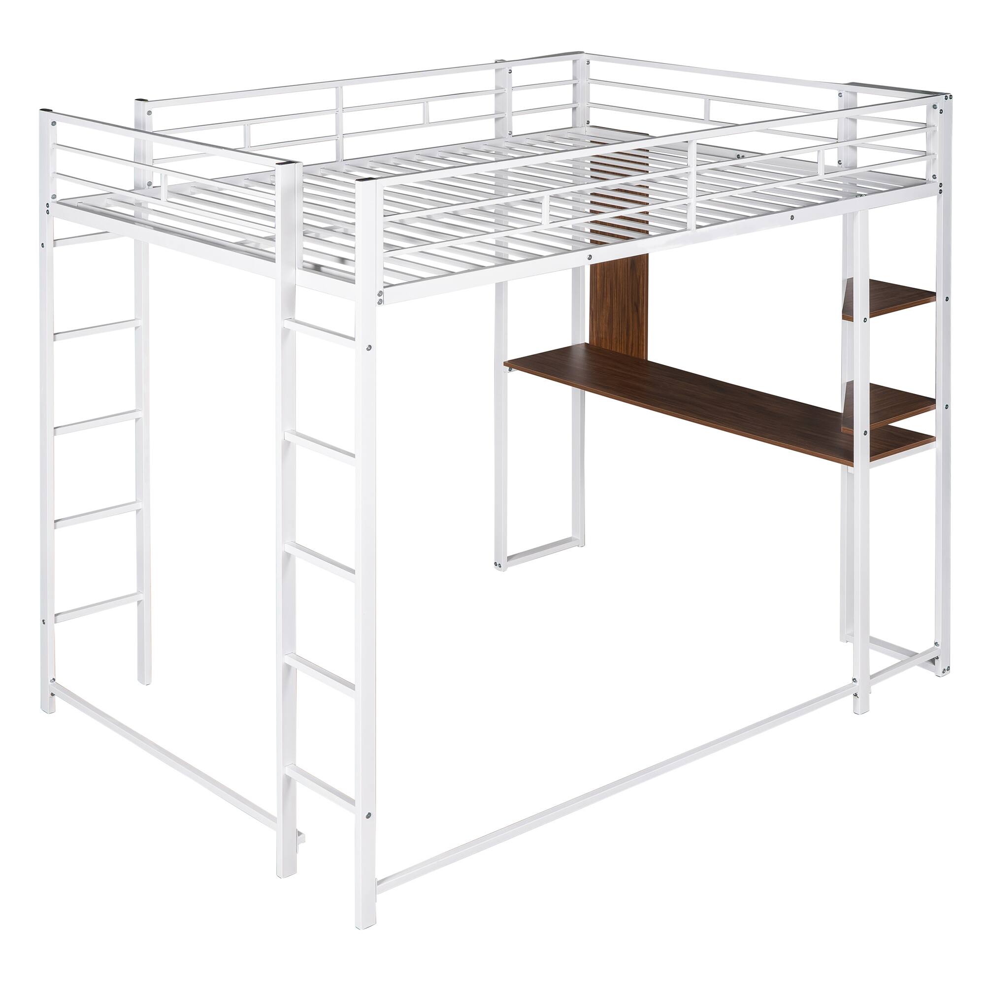 Angle. Spaco - Spaco Full Size Loft Bed, Metal Frame with Desk and 2 Shelves, Sturdy Construction, Under Bed Storage Area, Guardrail - White.