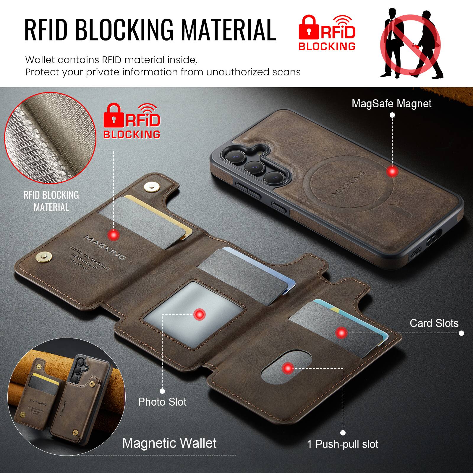 RFID BLOCKING MATERIAL

Wallet contains RFID material inside, Protect your private information from unauthorized scans

RFID BLOCKING MATERIAL

RFiD BLOCKING

MagSafe Magnet

Card Slots

Photo Slot

Magnetic Wallet

1 Push-pull slot