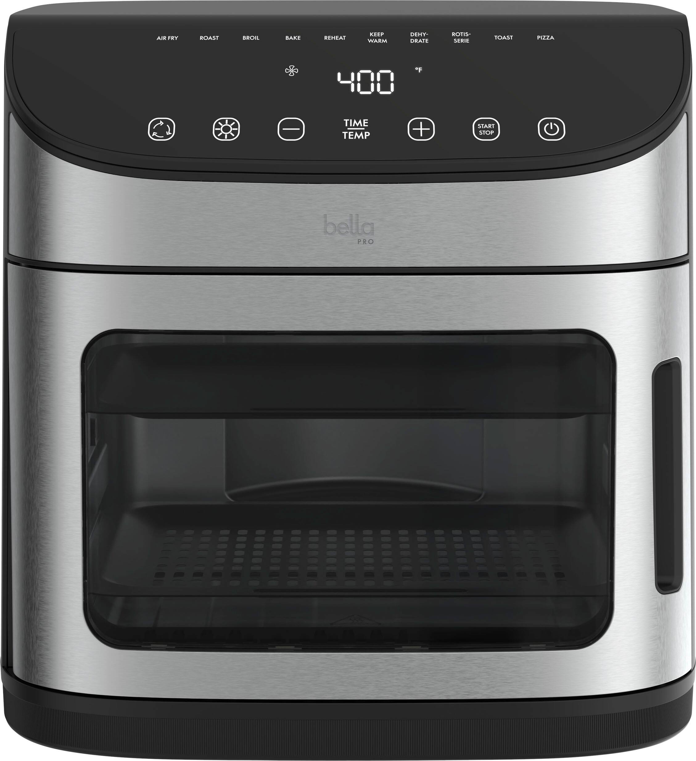 AIR FRY ROAST BROIL BAKE REHEAT KEEP WARM DEHYDRATE ROTISSERIE TOAST PIZZA TIME TEMP + START STOP bella PRO