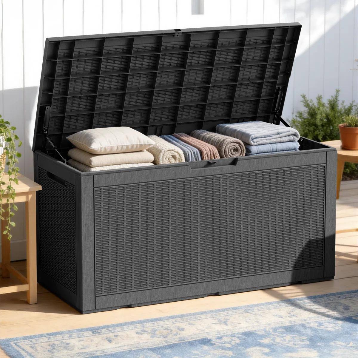 Angle. Yardgrace - 100 Gal Resin Deck Box, Lockable Patio Outdoor Storage Box for Furniture, Garden Tools, Waterproof Outside Storage Boxes - black.