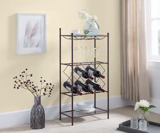 Front. Kings Brand Furniture - Kings Brand Furniture - Freestanding Floor Metal Wine Rack Stand, Wine Bottle Liquor Cabinet with Glass Holder - Rust/Copper.
