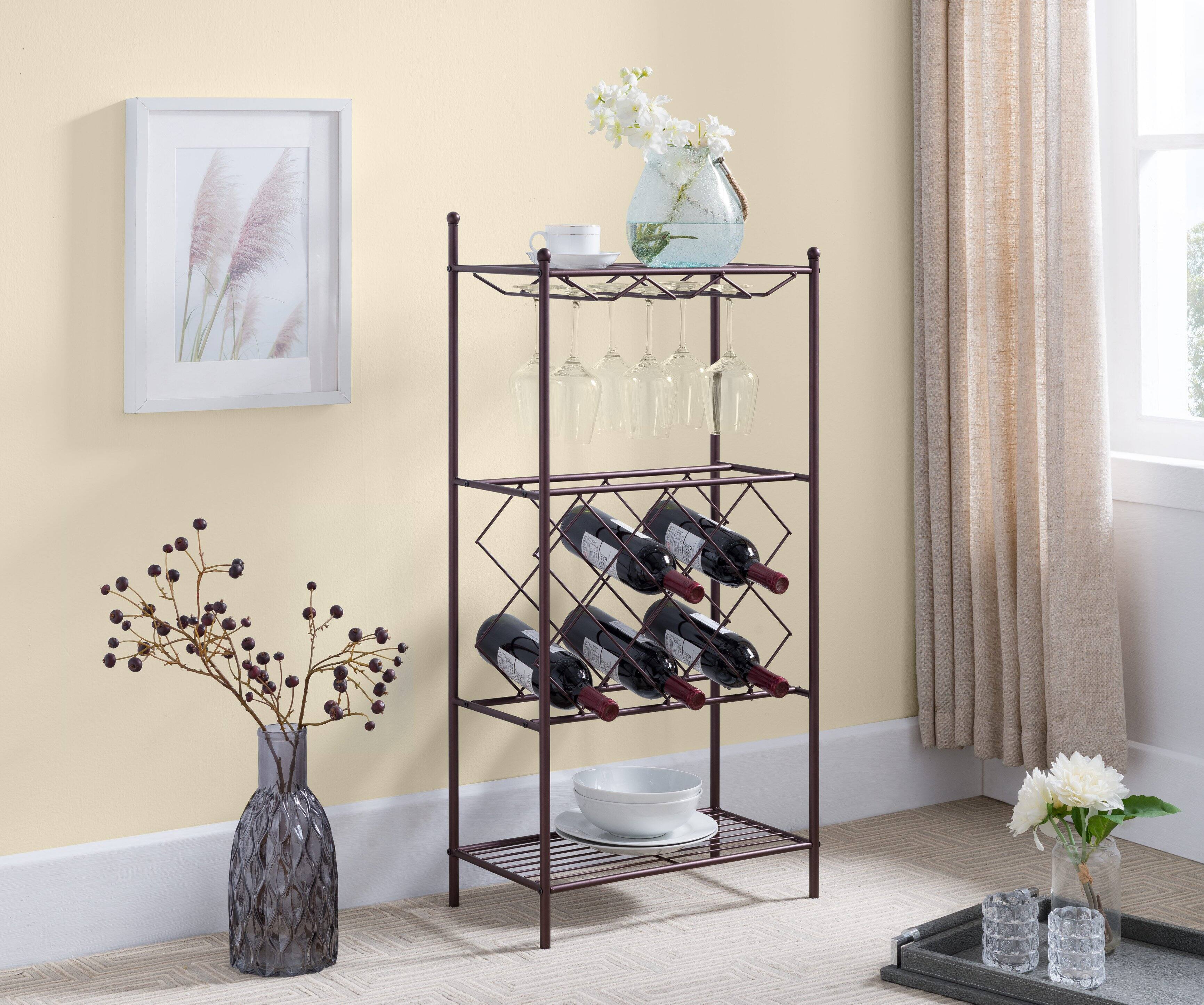 Front. Kings Brand Furniture - Kings Brand Furniture - Freestanding Floor Metal Wine Rack Stand, Wine Bottle Liquor Cabinet with Glass Holder - Rust/Copper.