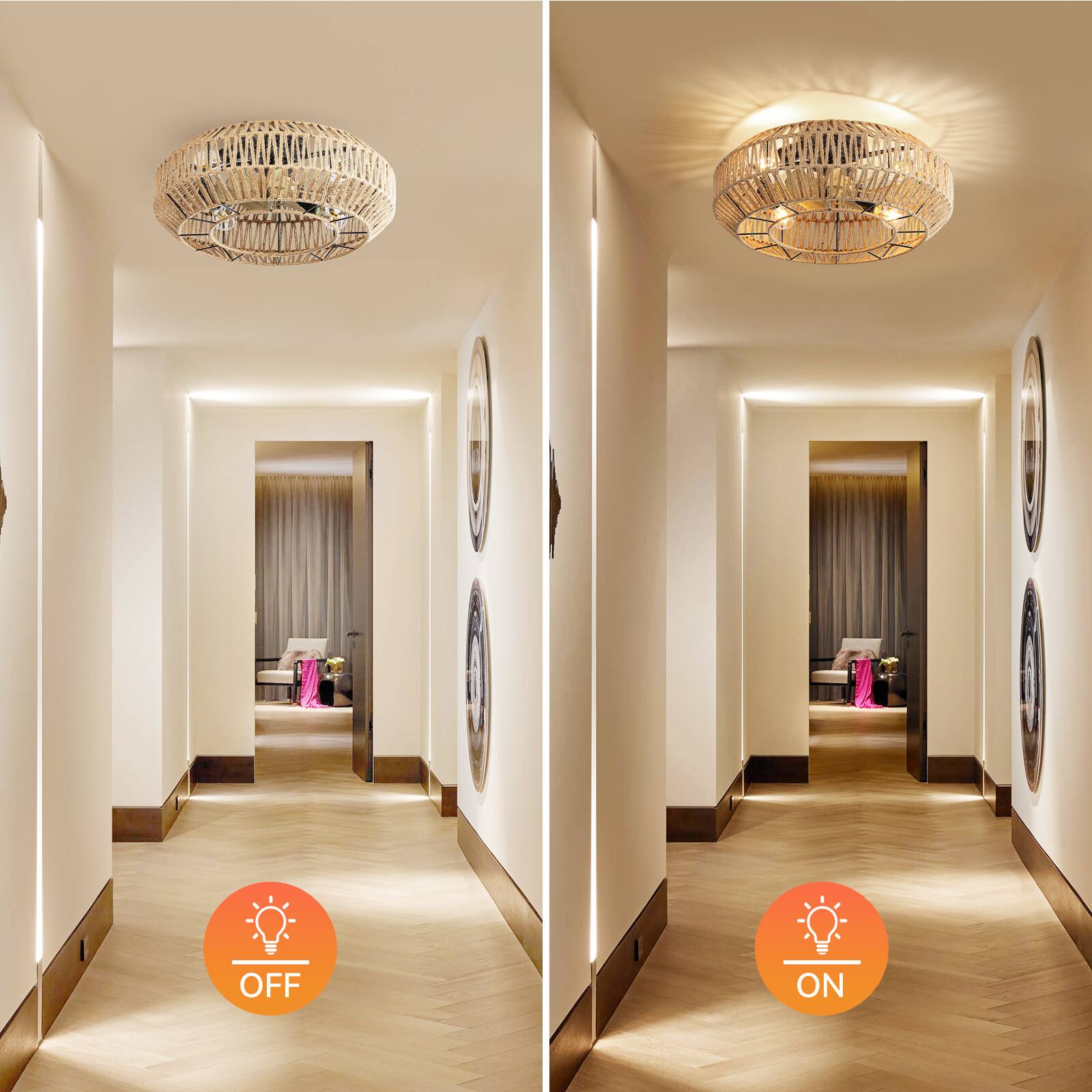 Alt View 1. Sofucor - 20'' Boho Ceiling Fans Lights Kit Farmhouse Bamboo Rattan Caged Flush Mount Ceiling Fan For Bedroom Living Room Kitchen - Burley.