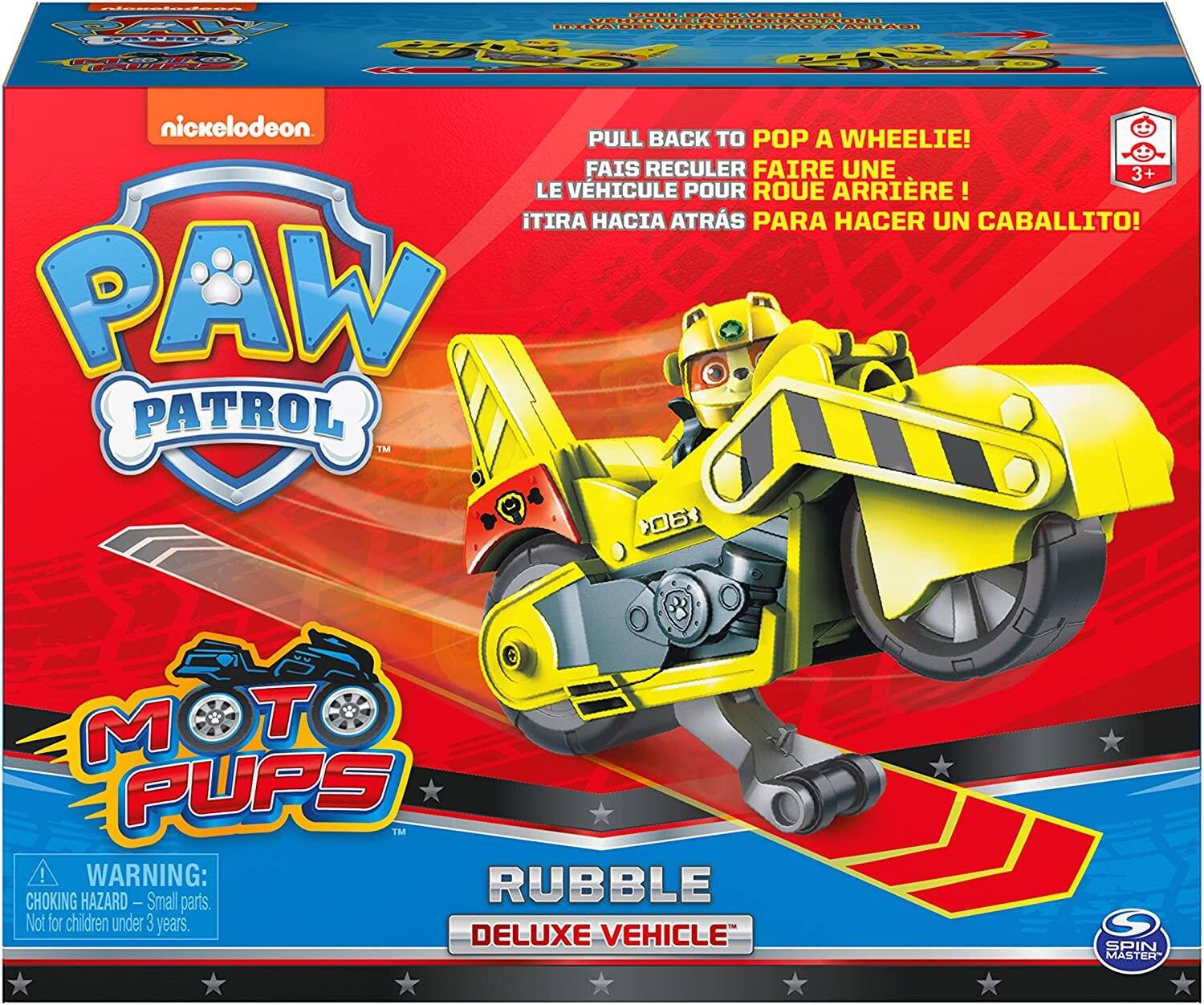 nickelodeon. PULL BACK TO POP A WHEELIE! FAIS RECULER FAIRE UNE 3+ LE VÉHICULE POUR ROUE ARRIÈRE! TIRA HACIA ATRÁS PARA HACER UN CABALLITO! PAW PATROL TM

06
M T PUPS  ! WARNING: RUBBLE CHOKING HAZARD - Small parts. Not for children under 3 years. DELUXE VEHICLE
SPIN MASTER
