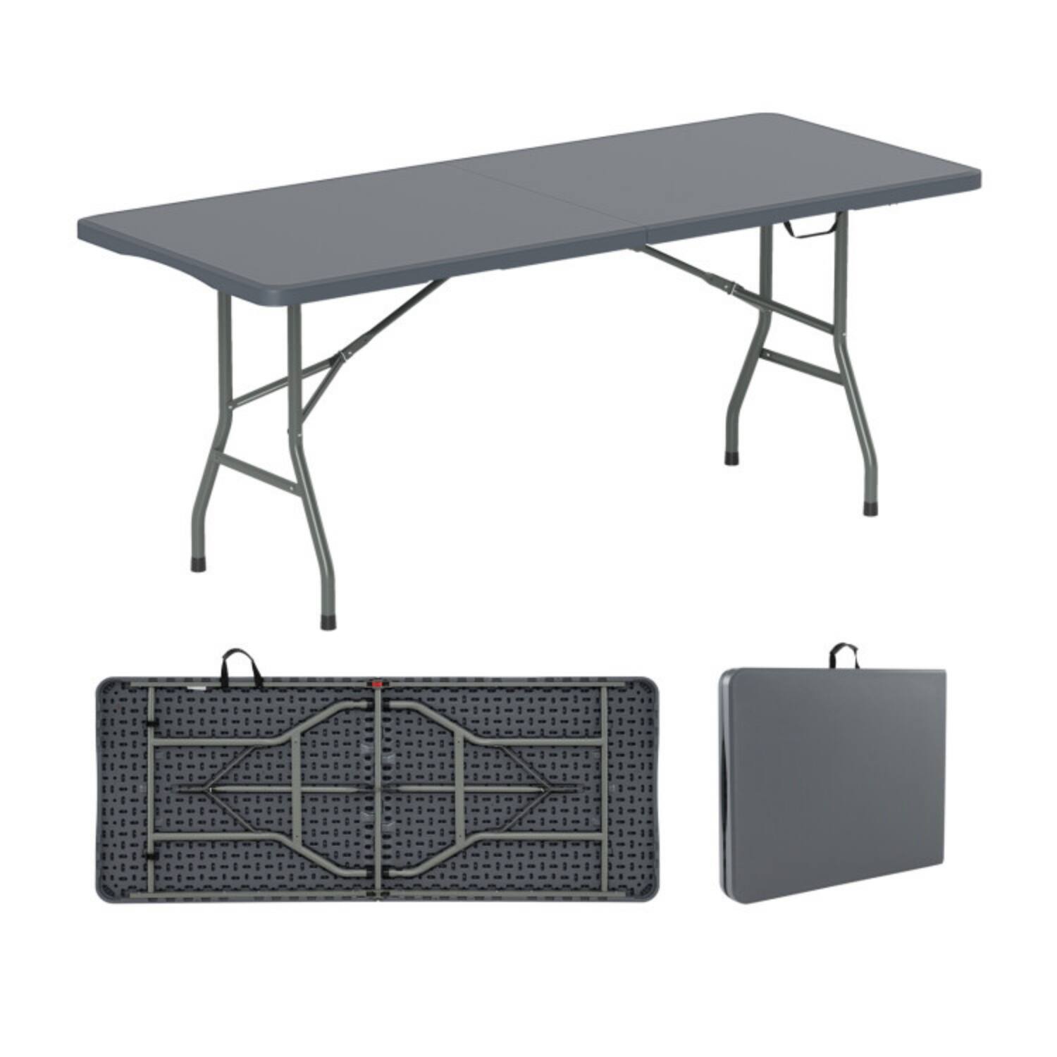 Alt View 4. LUCKY ONE - 6 ft Portable Folding Table 350 lbs Fold-in-Half w HDPE Top & Carry Handle Camping Picnic - Gray.