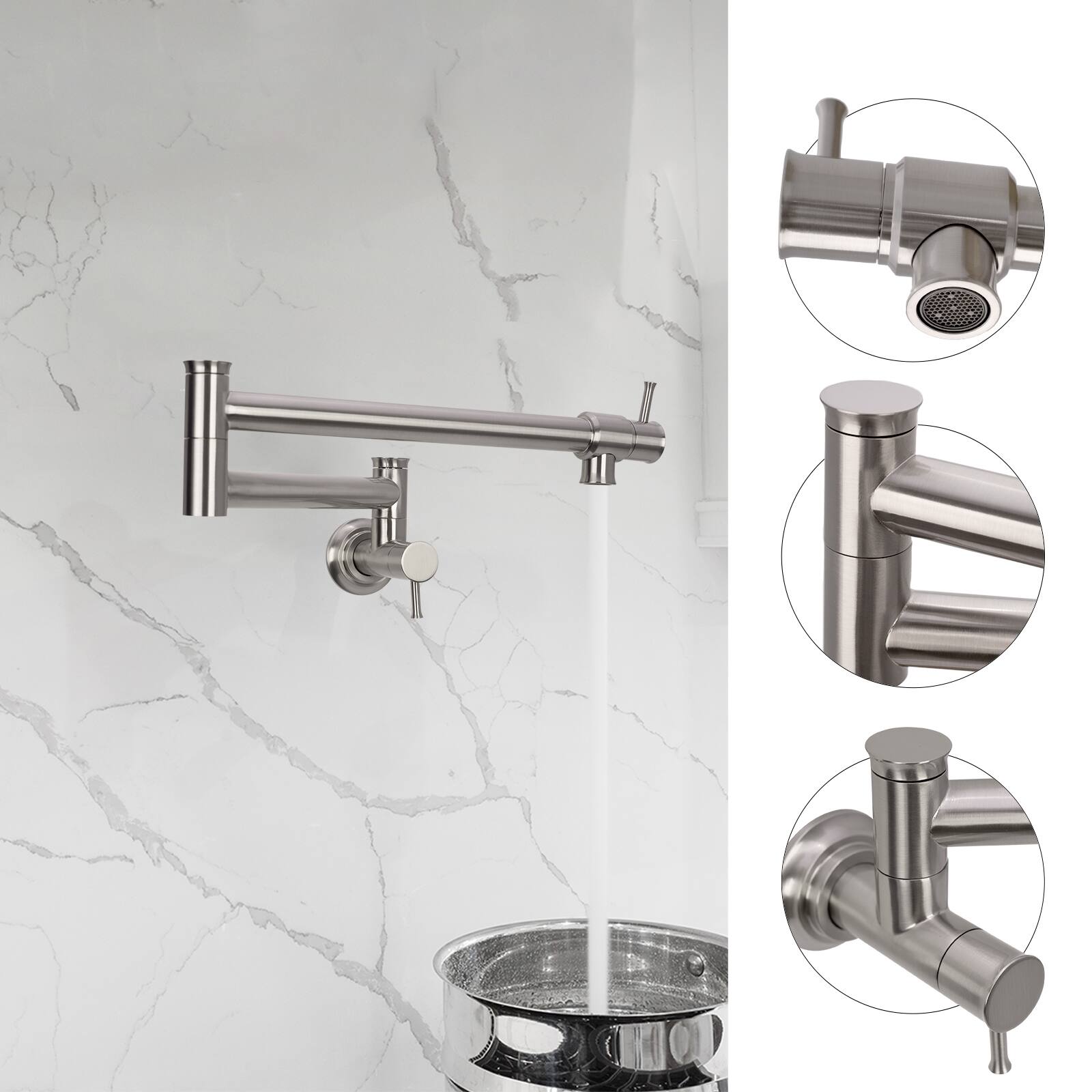 Alt View 2. Akicon - Akicon Solid Brass Wall-Mounted Pot Filler Kitchen Faucet with Double Joint Swing Arms for Stovetop in Brushed Nickel - Brushed Nickel.
