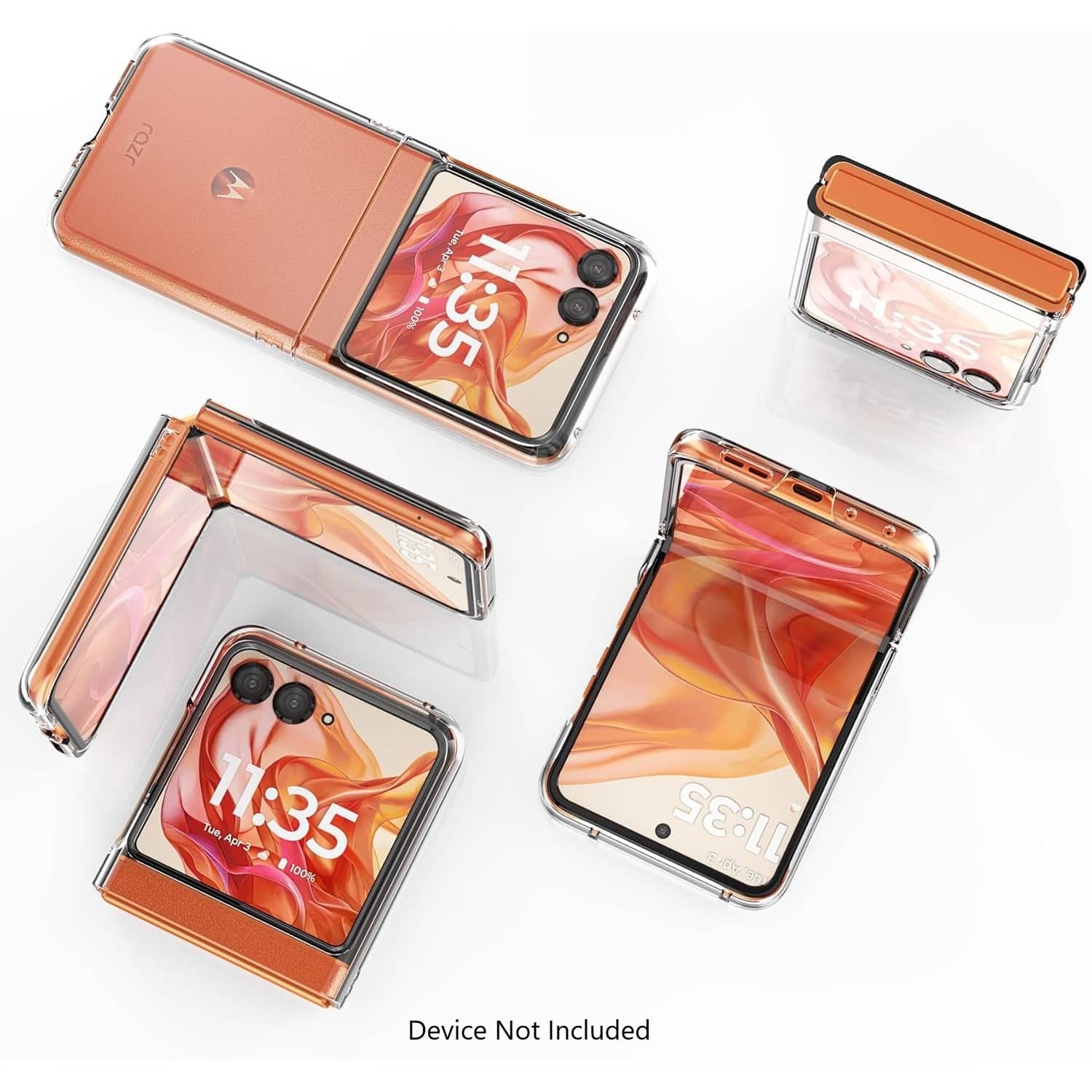 The image features a collection of cell phones, with one of them displaying the time of 11:35. The phones are placed on a white background, and the image is advertising a device that is not included. The phones are arranged in various positions, with some standing upright and others lying down. The collection showcases the different styles and designs of the cell phones.