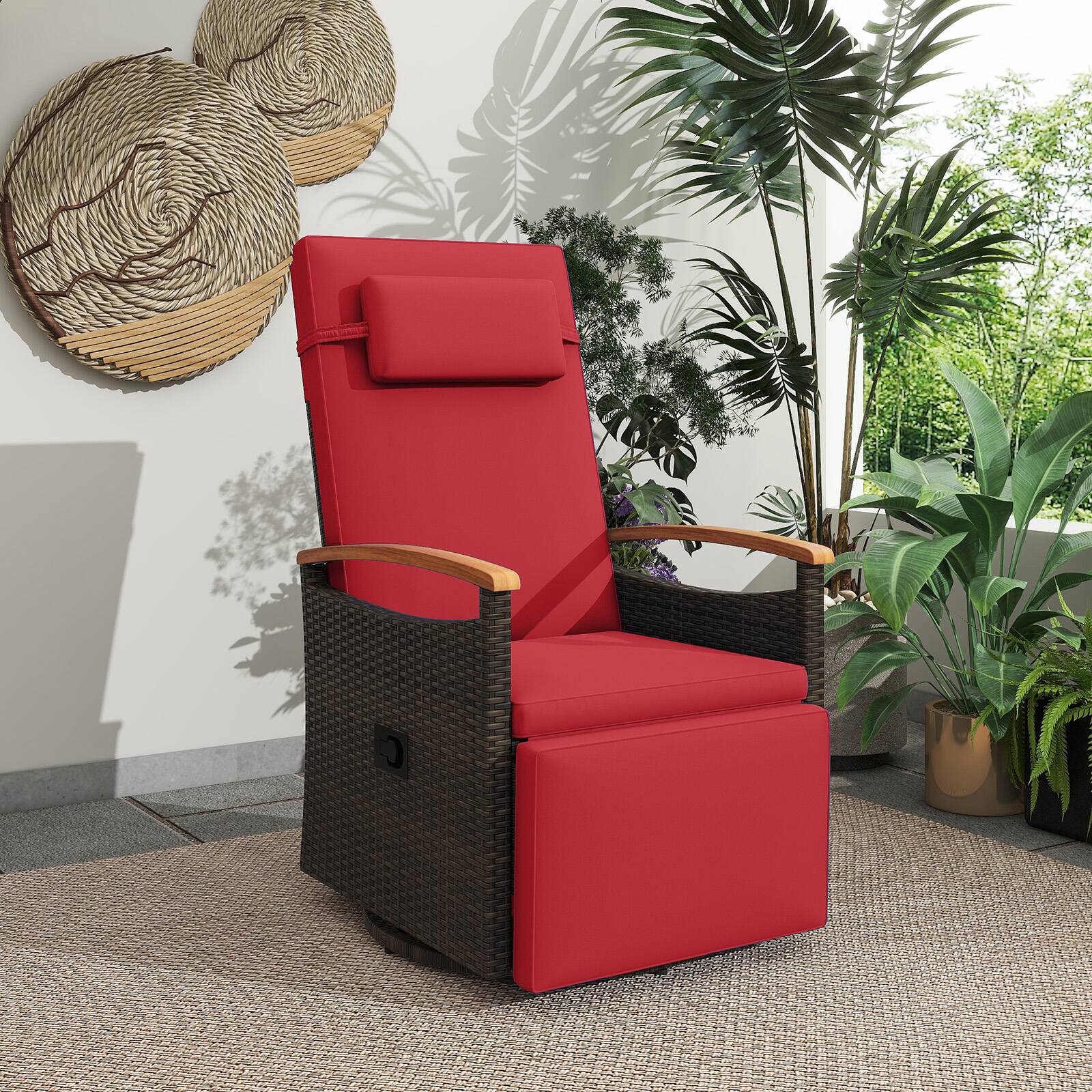 Alt View 1. Costway - Costway Outdoor 360° Swivel Rattan Recliner Chair Patio Wicker Chaise Lounge Chair - Mix Brown,Red.