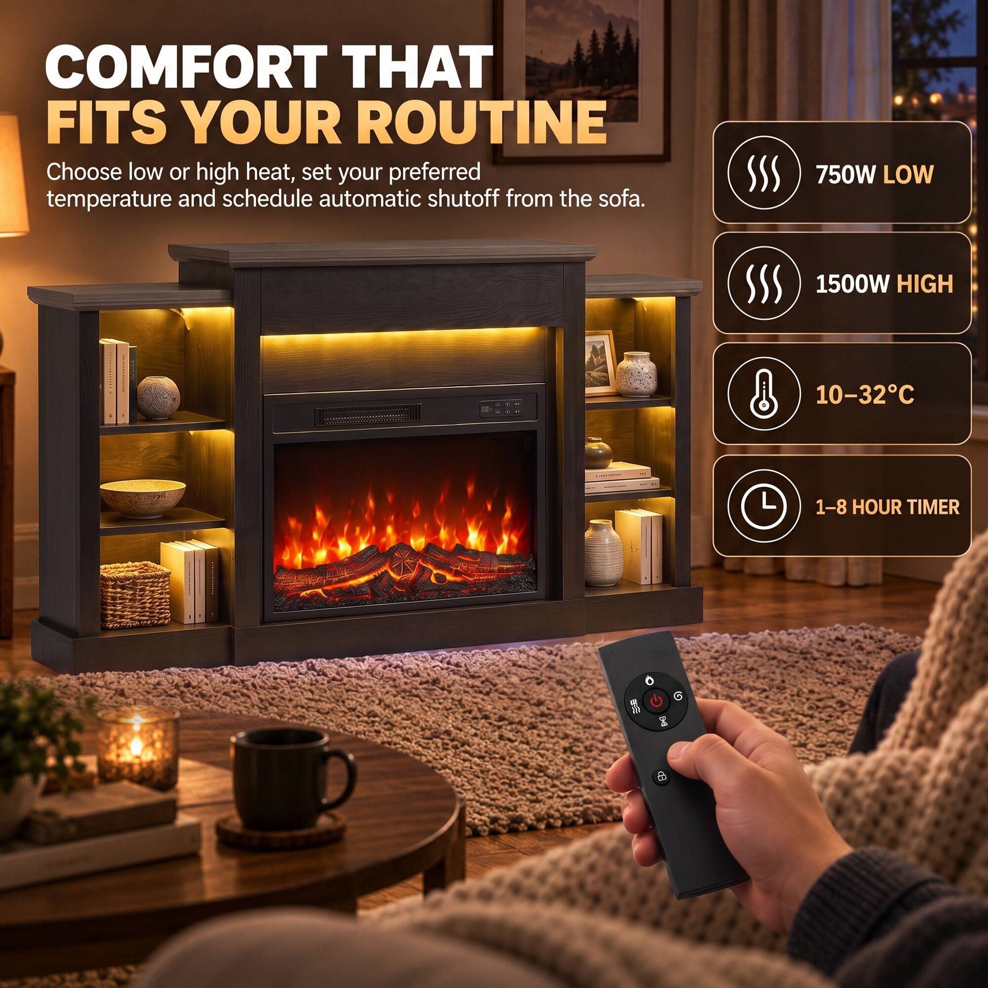COMFORT THAT FITS YOUR ROUTINE  
Choose low or high heat, set your preferred temperature and schedule automatic shutoff from the sofa.

750W LOW  
1500W HIGH  
10–32°C  
1–8 HOUR TIMER
