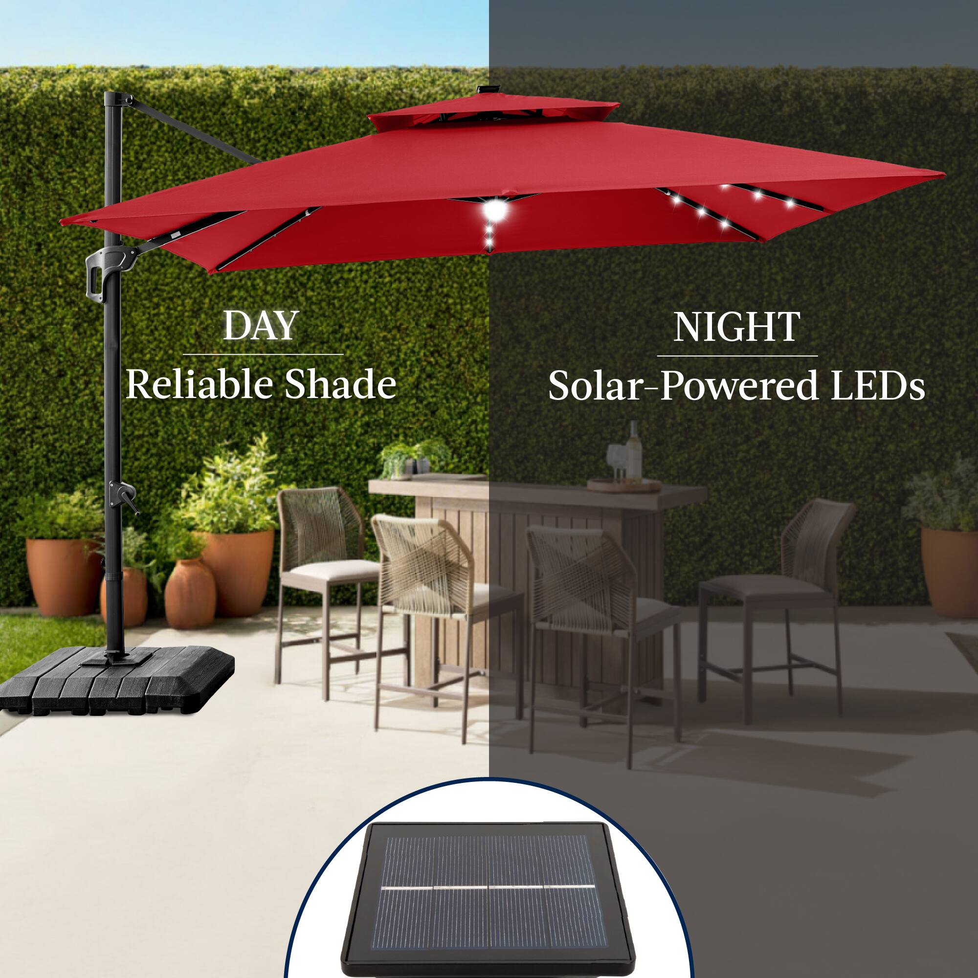 DAY  
Reliable Shade  

NIGHT  
Solar-Powered LEDs