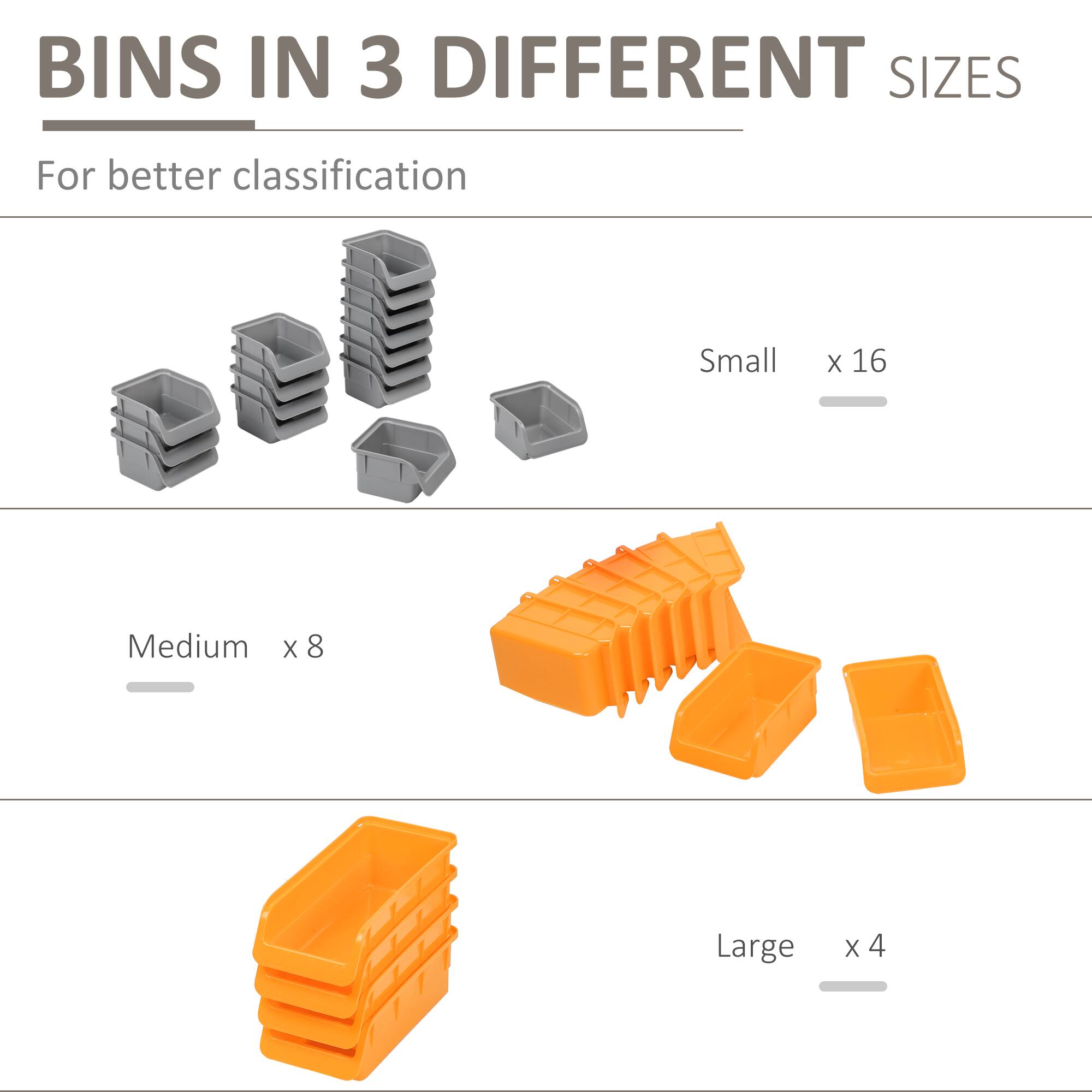 BINS IN 3 DIFFERENT SIZES

For better classification

Small x 16

Medium x 8

Large x 4