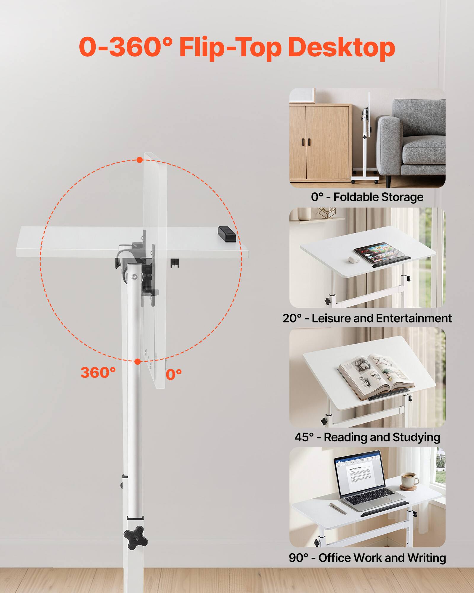 0-360° Flip-Top Desktop  
0° - Foldable Storage  
20° - Leisure and Entertainment  
45° - Reading and Studying  
90° - Office Work and Writing
