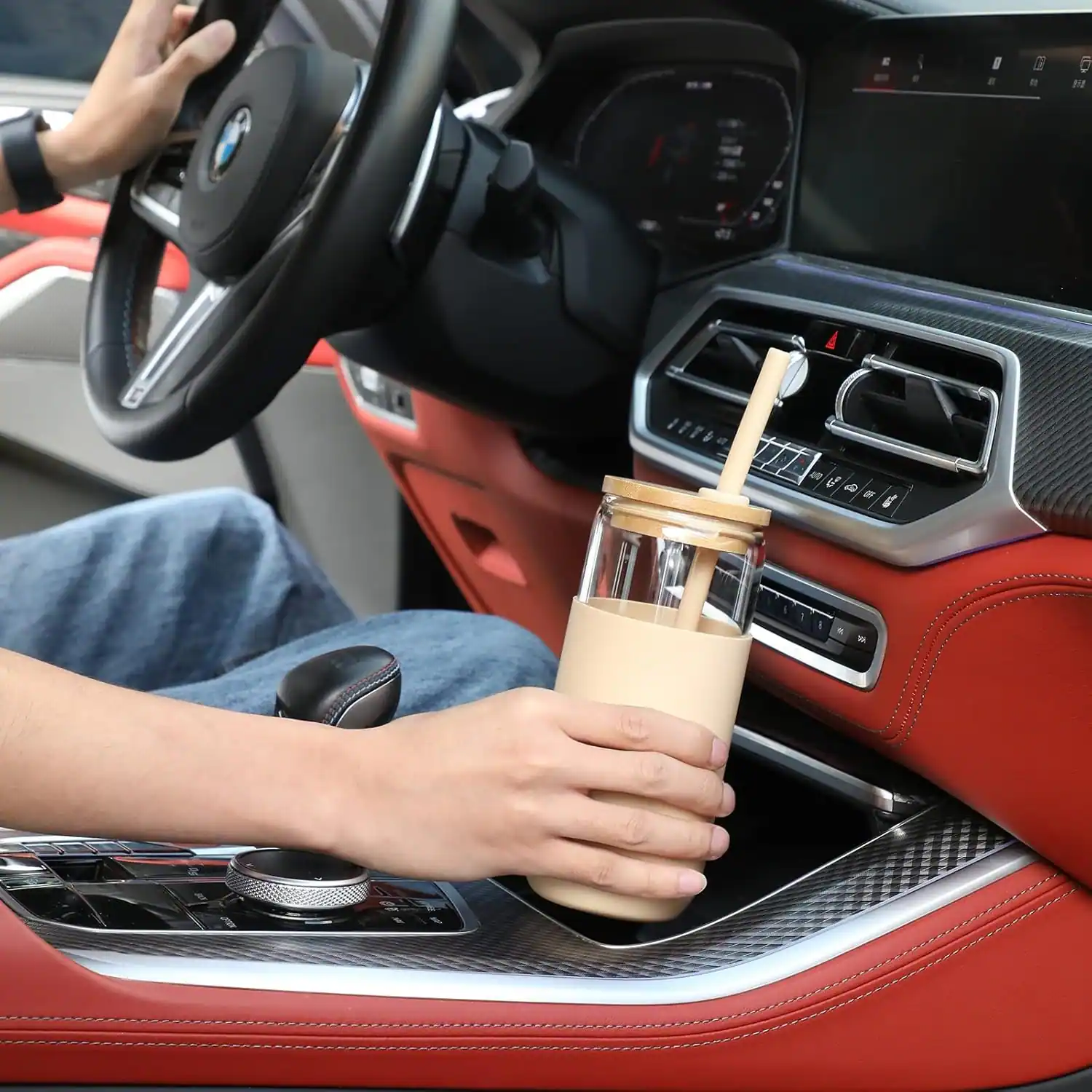 Back. PARKER SLATER - 20oz glass cups with bamboo lids, straws, and silicone sleeves, set for iced coffee, smoothies, boba, or water. - Amber Black.