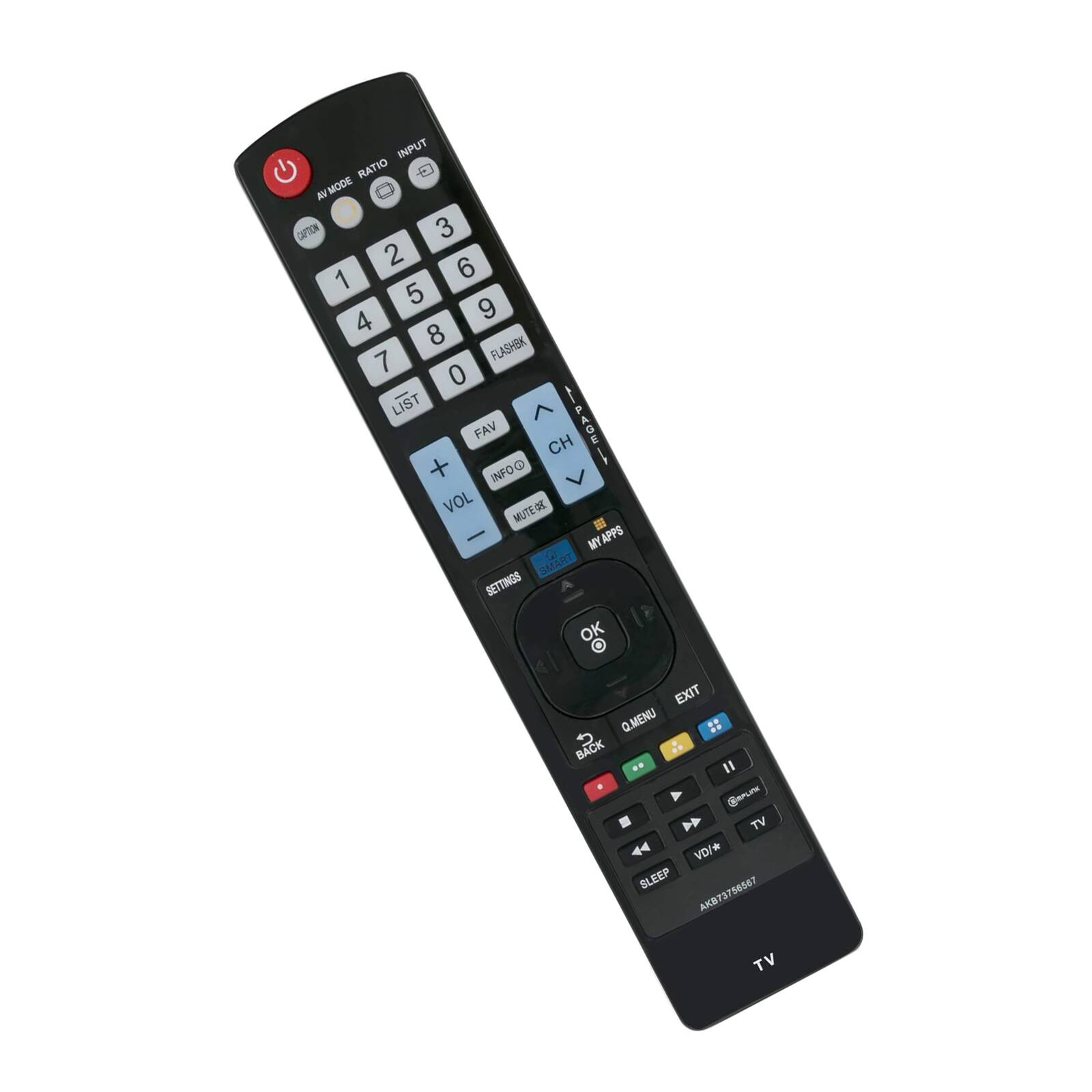 Sure, here is the corrected and grouped text from the image:

- **Top Section:**
  - POWER
  - AV MODE
  - RATIO
  - INPUT
  - CH
  - 1 2 3
  - 4 5 6
  - 7 8 9
  - 0
  - FLASH BK
  - LIST
  - FAV
  - CH
  - VOL
  - INFO
  - MUTE/GE
  - MY APPS
  - SMART
  - SETTING
  - OK
  - EXIT
  - Q.MENU
  - BACK
  - "SAPLm"
  - TV
  - 44
  - VD/+
  - SLEEP
  - 756567
  - AKB73756567
  - TV

- **Bottom Section:**
  - OK
  - BACK
  - Q.MENU
  - EXIT
  - "SAPLm"
  - TV
  - 44
  - VD/+
  - SLEEP
  - 75656