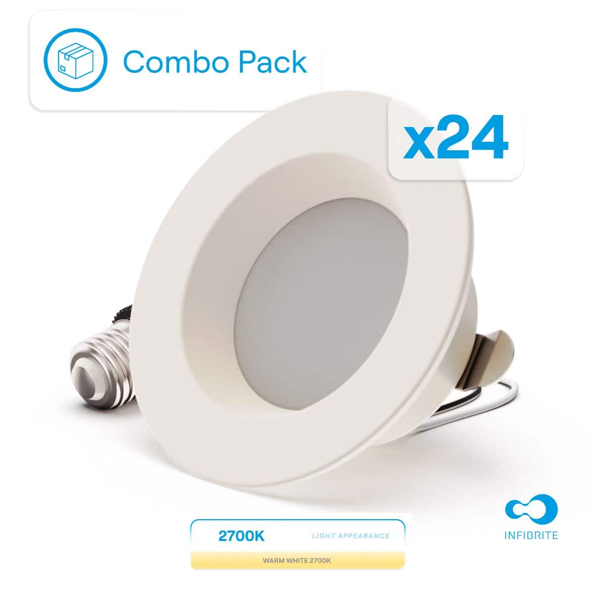 Infibrite - 4 In. Retrofit 2700K Soft Integrated LED Recessed Light Kit 9W 750LM Remodel, Dimmable, Wet Rated (24 Pack) - White