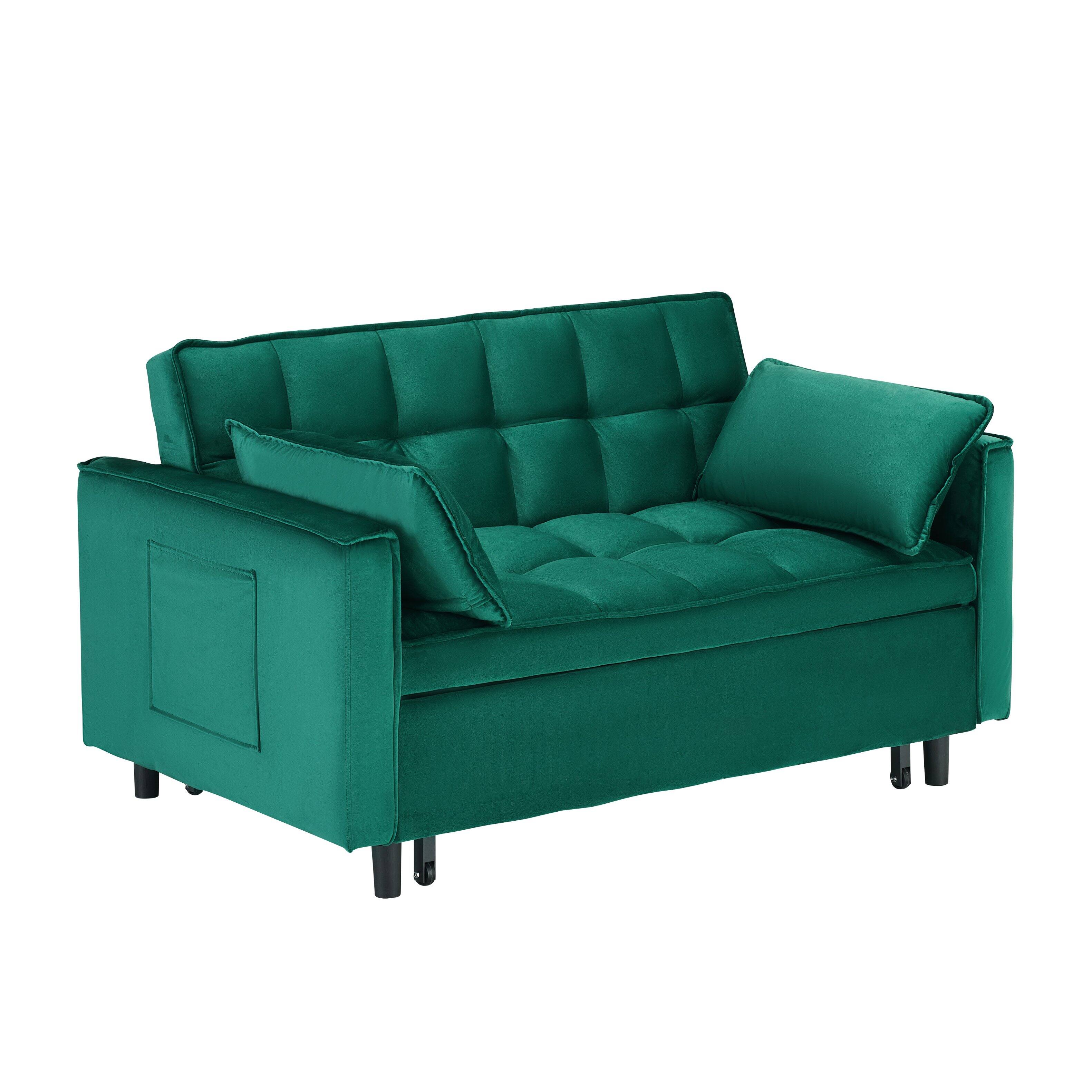 Alt View 2. GOODSILO - Elegant 55-Inch Velvet Sofa Bed with Storage Pockets - Three-in-One Convertible Design - Green.