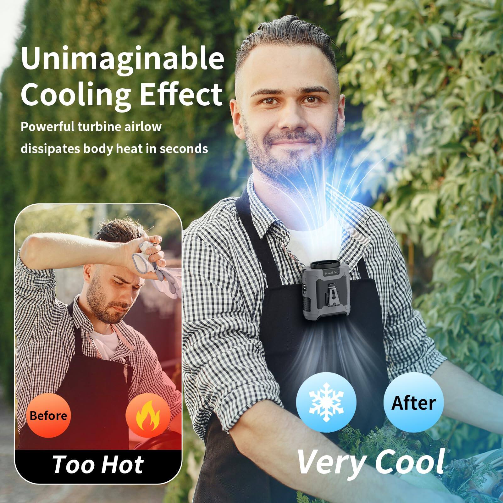Unimaginable Cooling Effect  
Powerful turbine airflow dissipates body heat in seconds  

Before: Too Hot  
After: Very Cool