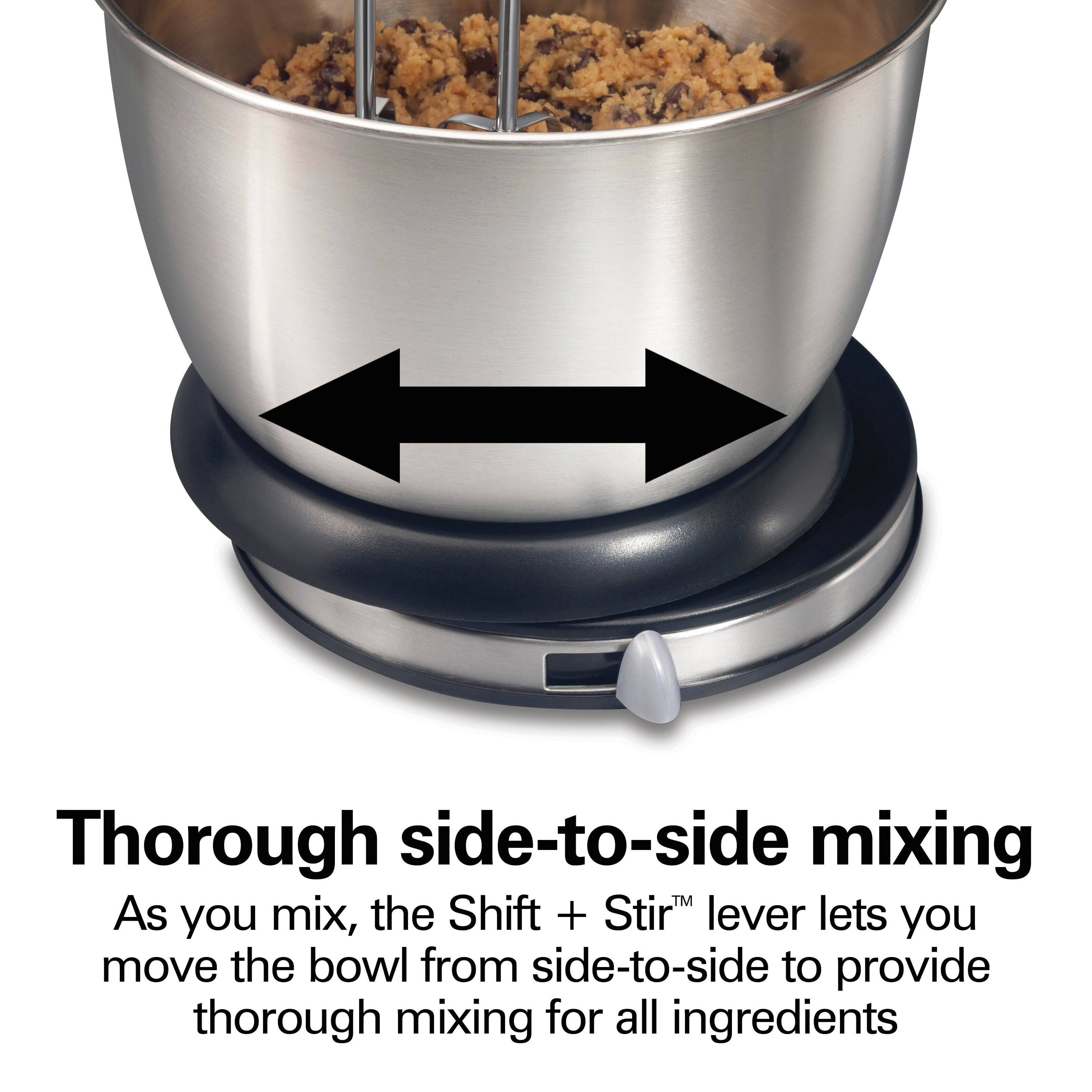 Thorough side-to-side mixing

As you mix, the Shift + Stir™ lever lets you move the bowl from side-to-side to provide thorough mixing for all ingredients