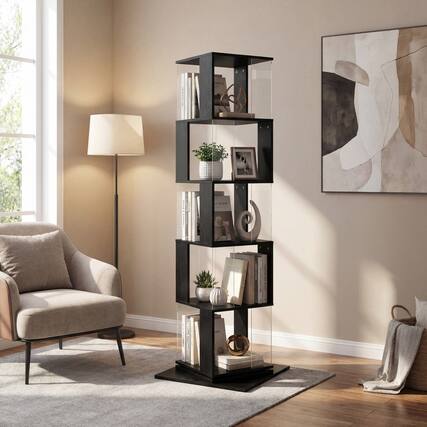 Front. HTUTWOO - 360° Rotating 5-Tier Bookshelf, Space Saving Easy Use Modern Display Shelf for Living Room Home Office Bedroom - Black.