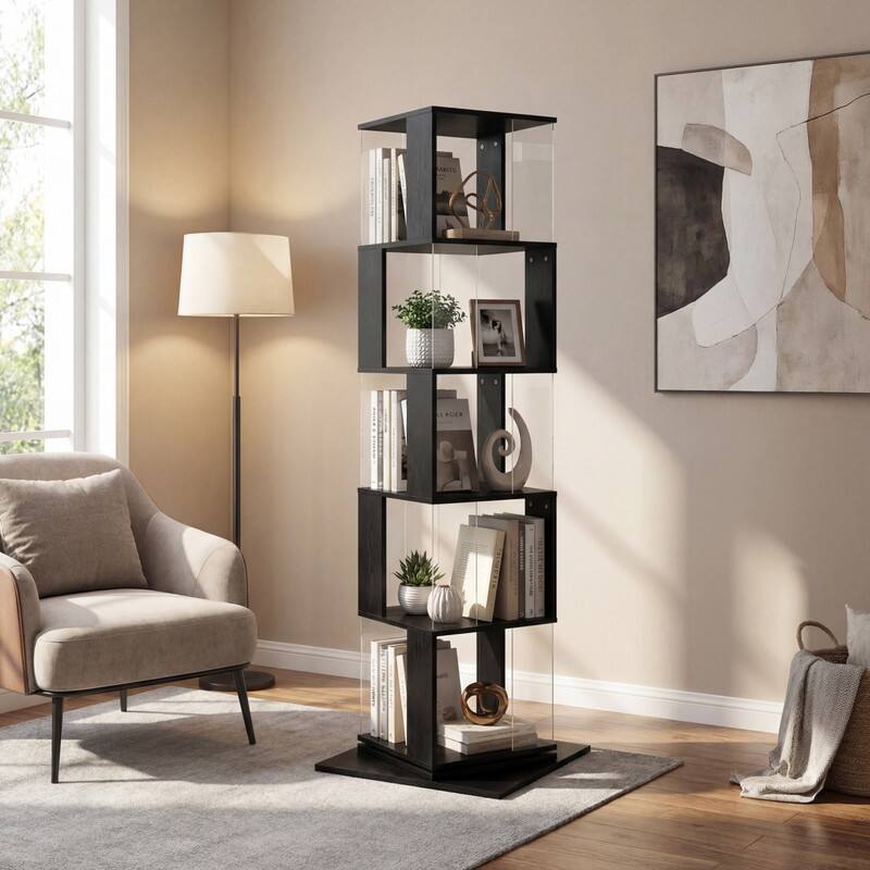 Front. HTUTWOO - 360° Rotating 5-Tier Bookshelf, Space Saving Easy Use Modern Display Shelf for Living Room Home Office Bedroom - Black.