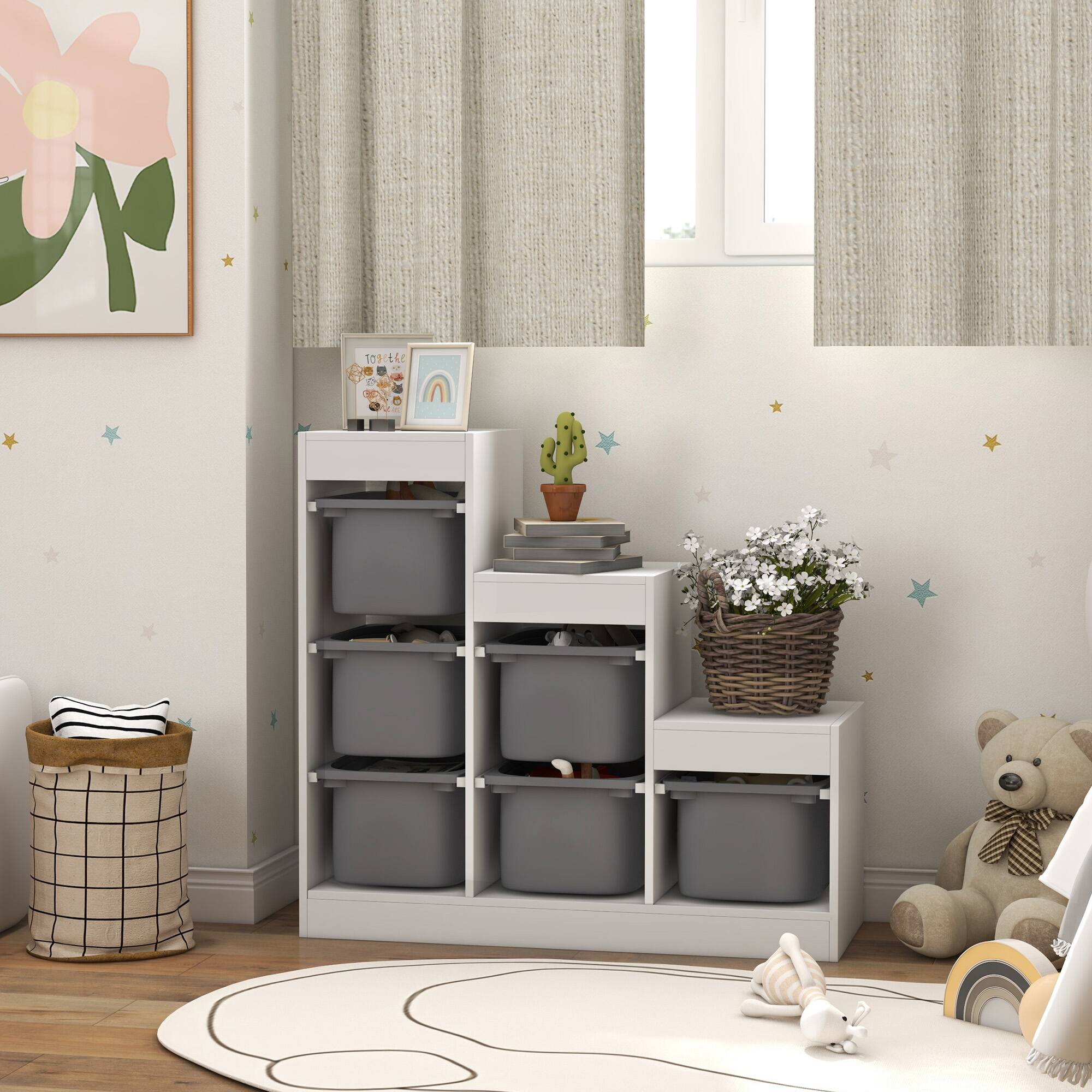 Alt View 1. Qaba - Layers Kids Toy Storage Organizer with 6 Storage Bins, Kids Bookshelf for Ages 3-8 Years, Play Room - Gray.