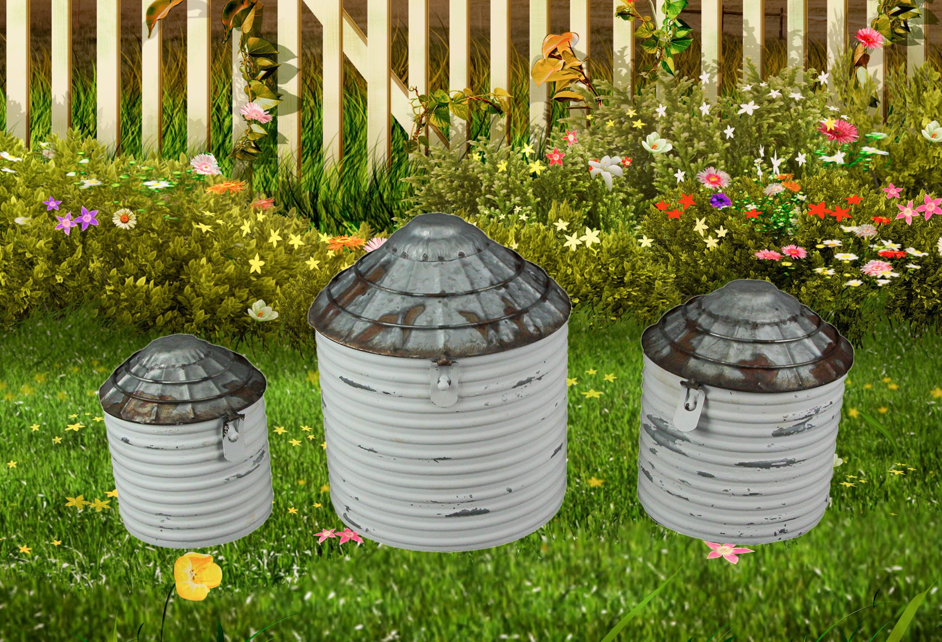 Alt View 5. Zeckos - Vintage White Farmhouse Style Galvanized Decorative Tin Silo Canister Set of 3 - White.