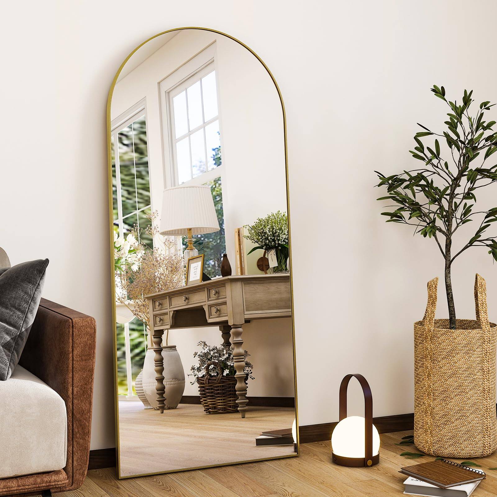 Front. HOMLUX - Arched Full Length Mirror Large Floor Standing Mirror, Aluminum Frame Full Body Mirrors with Stand.