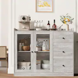 Acekool - Grey Buffet Cabinet, 43" Modern Sideboard with Guardrail Design, Adjustable Shelves & 3 Drawers for Kitchen - Gray