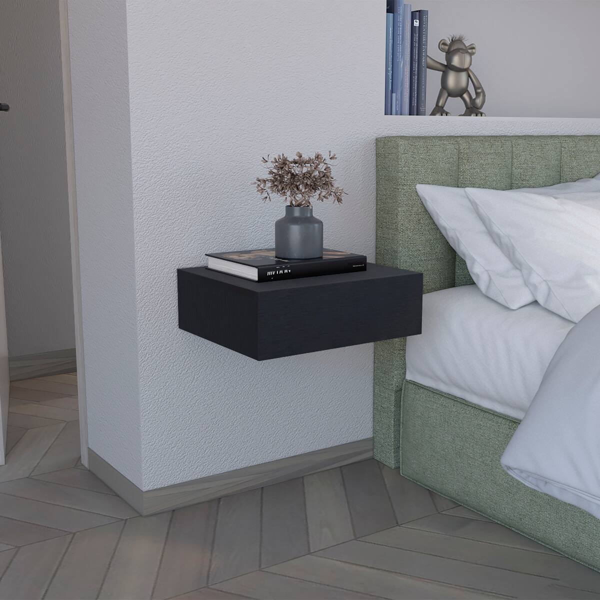 Front. Loheer - Loheer Floating Nightstand, Black Wall-Mounted Bedside Shelf with Drawer - Black.