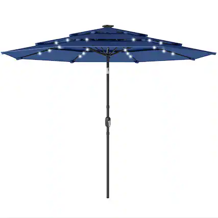 Front. Outsunny - ft Outdoor Patio Umbrella with Solar LED Lights, 3 Tier Outdoor Table Umbrella with Tilt, Crank - Navy Blue.