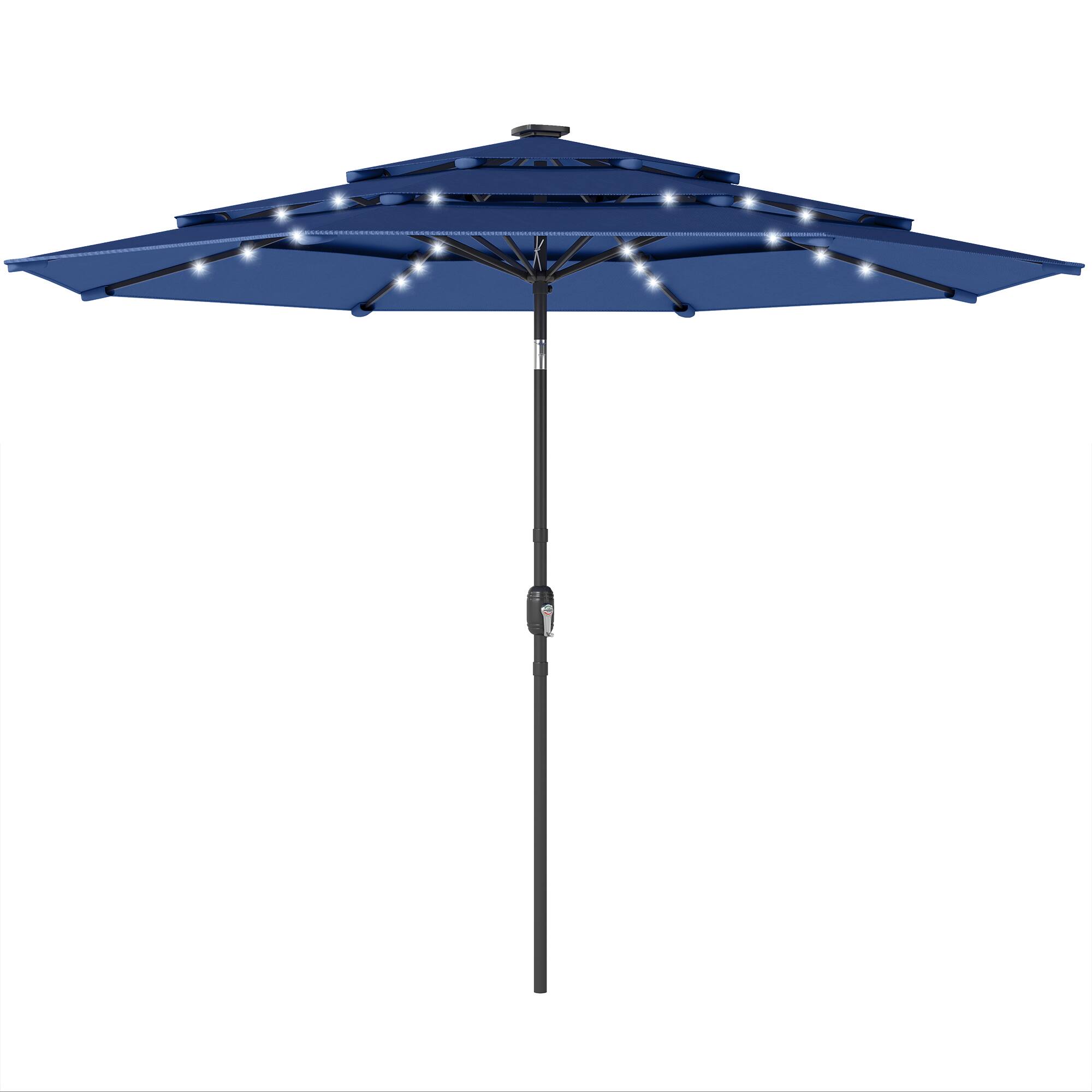 Front. Outsunny - ft Outdoor Patio Umbrella with Solar LED Lights, 3 Tier Outdoor Table Umbrella with Tilt, Crank - Navy Blue.