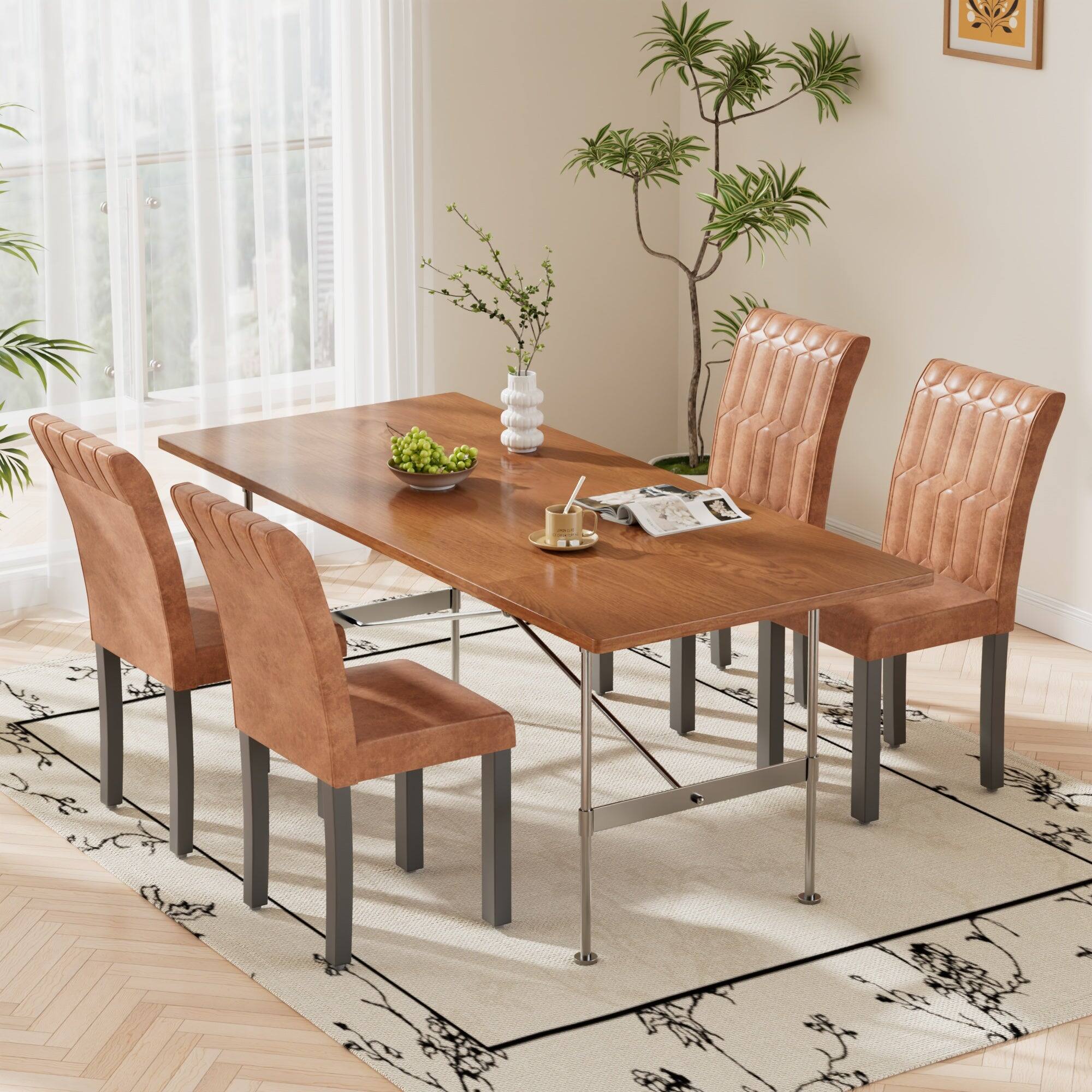 Back. Vecelo - Set of 6 PU Leather Dining Chairs  - Ergonomic High Back Chairs With Solid Wood Legs - Brown.