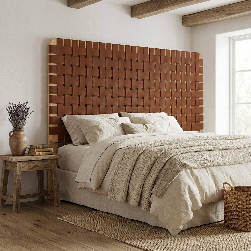 Angle. FurniFact - Vegan Leather Full Headboard with Woven Texture and Durable Frame - Brown.