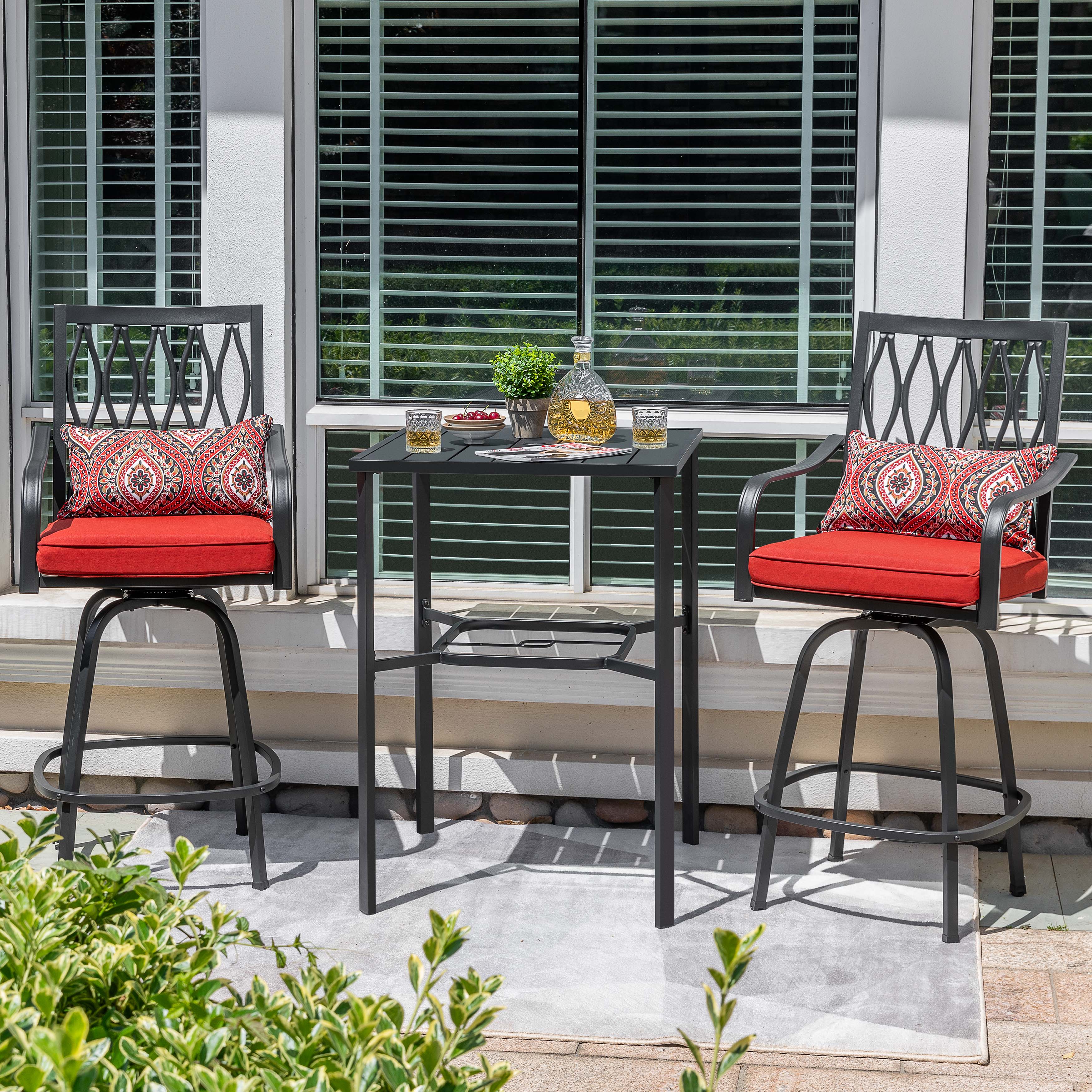 Angle. Nuu Garden - Outdoor 3PCS Metal Swivel Bar Set with Umbrella Hole and Padded Cushions - Black and Red.