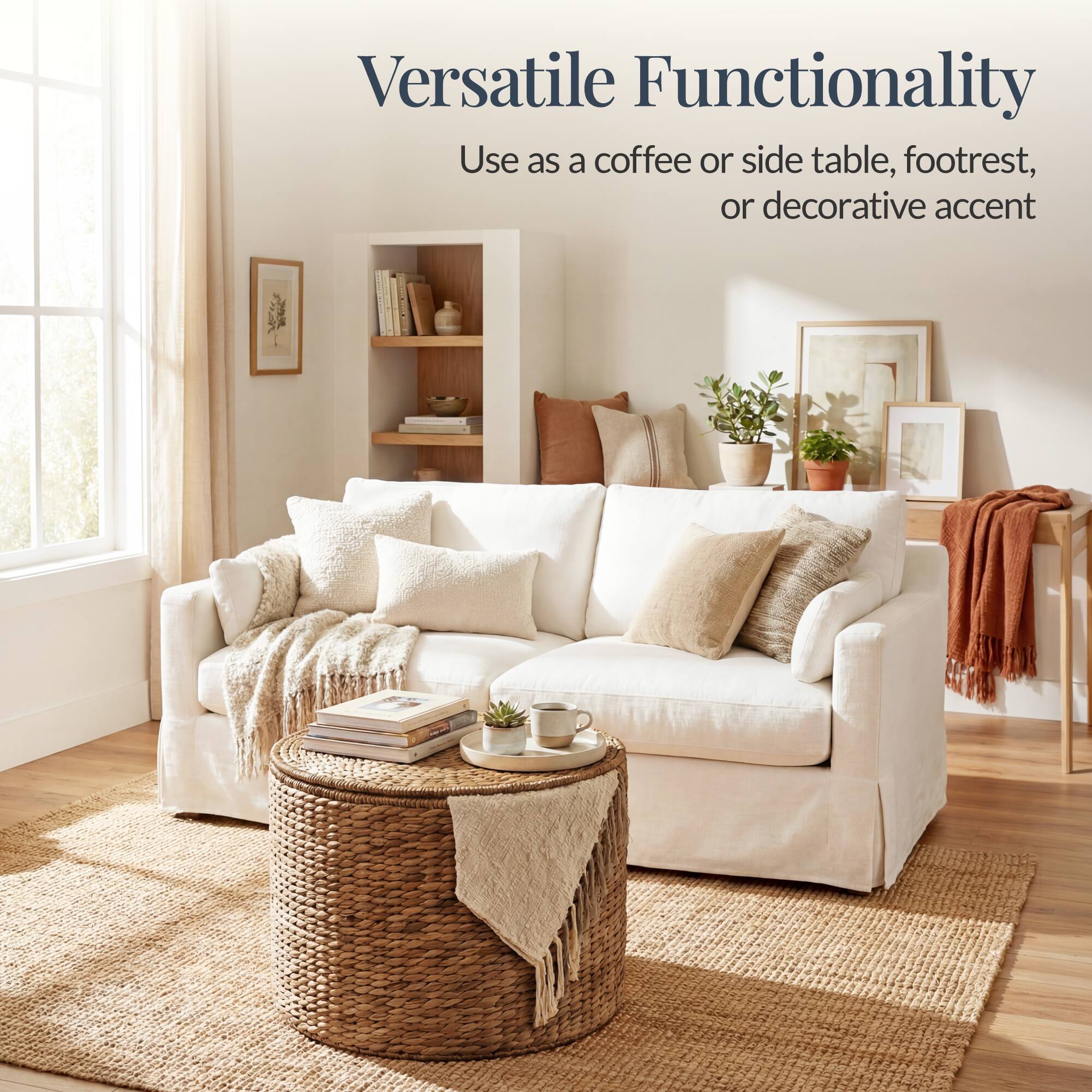 Versatile Functionality  
Use as a coffee or side table, footrest, or decorative accent