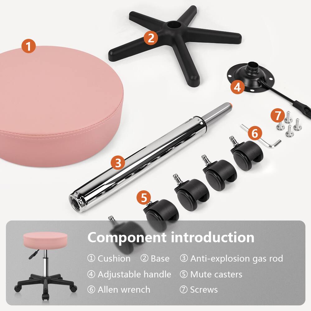 1. Cushion  
2. Base  
3. Anti-explosion gas rod  
4. Adjustable handle  
5. Mute casters  
6. Allen wrench  
7. Screws  

Component introduction  
1. Cushion  
2. Base  
3. Anti-explosion gas rod  
4. Adjustable handle  
5. Mute casters  
6. Allen wrench  
7. Screws