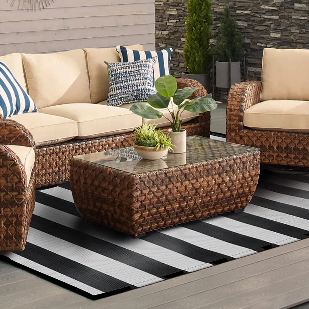 Alt View 4. Earthley Blooms - Plastic Straw Rug Outdoor Waterproof Patio Rugs Foldable Reversible Camping Mat For Rv Deck Porch Picnic Be... - H-aqua Blue/White-5' x 8'.