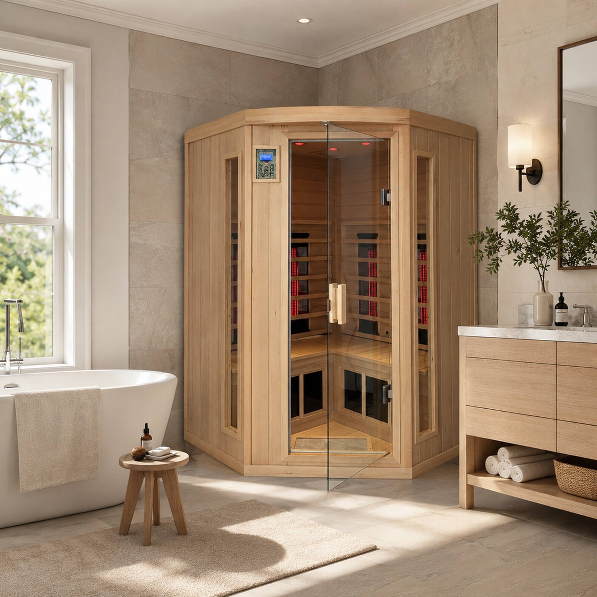 Back. RYHNUYNE - Hemlock Wood Pentagonal Far Infrared Sauna, Double Opening Glass Doors, Indoor Home Relaxation, Carbon Crystal Heating - Natural.