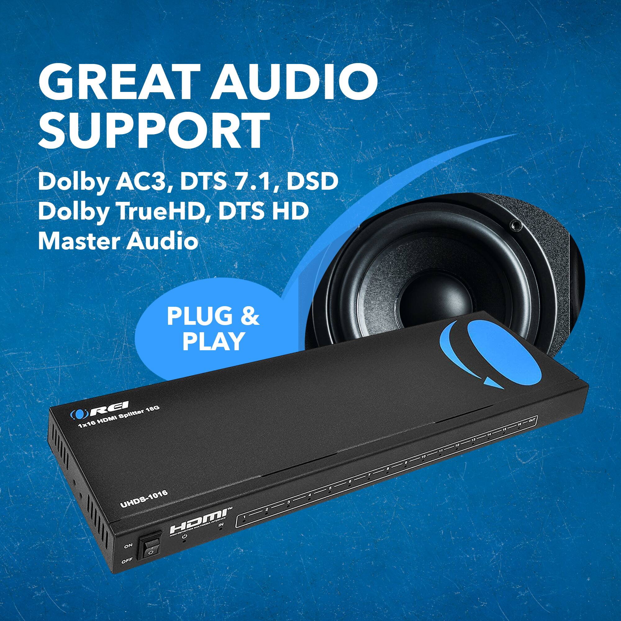 GREAT AUDIO SUPPORT Dolby AC3, DTS 7.1, DSD Dolby TrueHD, DTS HD Master Audio PLUG & PLAY REI UHDS-1016 | HDMI 1x16 Splitter 18G