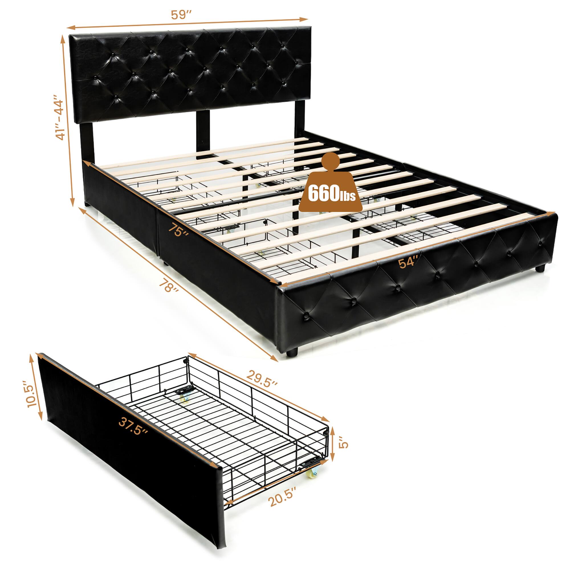 Alt View 3. Costway - Costway Full Upholstered Platform Bed w/ 4 Drawers PU Leather Button Tufted Headboard - Black.