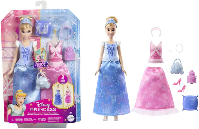 Disney PRINCESS
Cinderella 2-in-1 Stories Cenicienta Historias Mágicas
Histoires de Cendrillon
Snap-On Style
2 Looks Estilos styles
3+
WARNING: CHOKING HAZARD - Small parts. Not for children under 3 years.
ATTENTION: DANGER DE SOUFFLENEMENT - Petite pièce. Ne convient pas aux enfants de moins de 3 ans.
MATTEL
