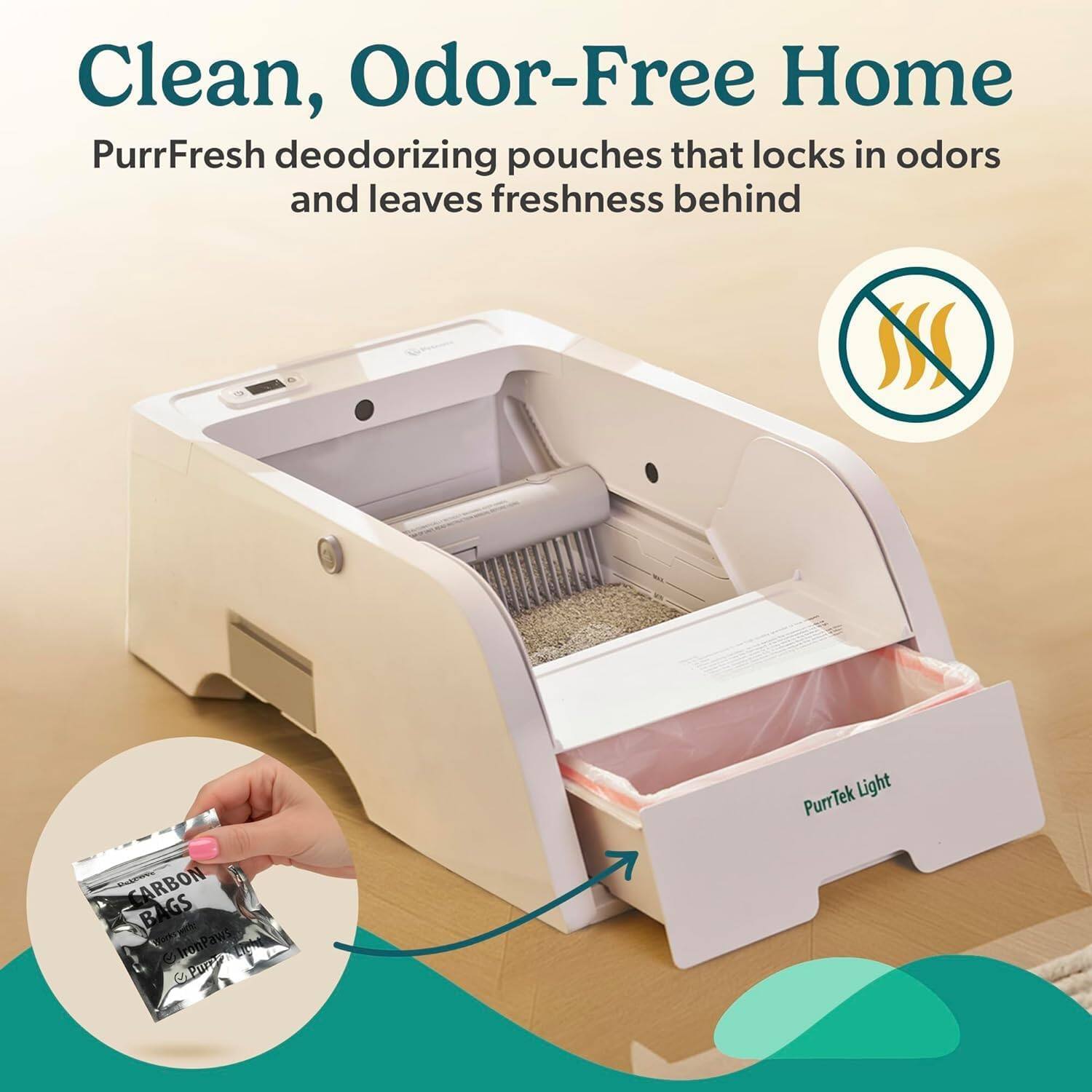Clean, Odor-Free Home  
PurrFresh deodorizing pouches that locks in odors and leaves freshness behind  
CARBON BAGS  
Ca CalronPaws  
6 C  
CAPI 7  
PurrTek Light