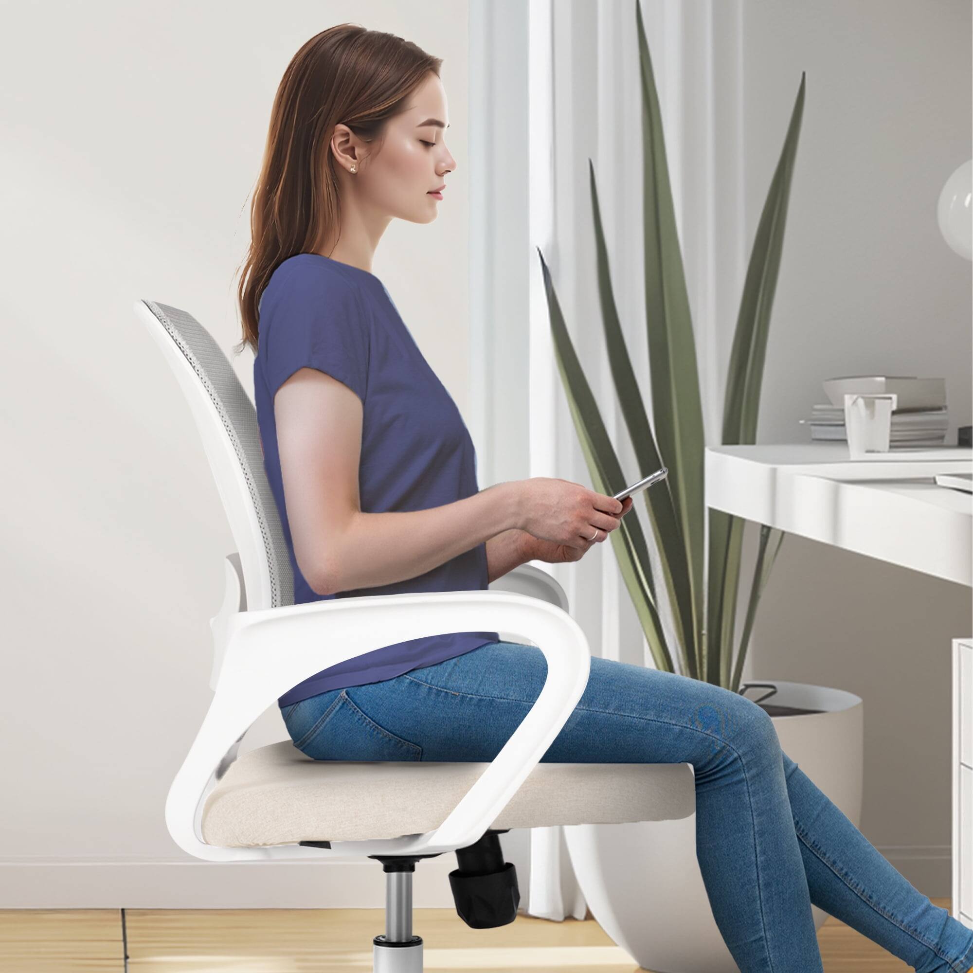 Alt View 4. Neo Chair - Office Desk Ergonomic Computer Mesh Chair with Lumbar Mid Back Support Rolling Wheels Comfy Task Vanity Chair for Home - Ivory.