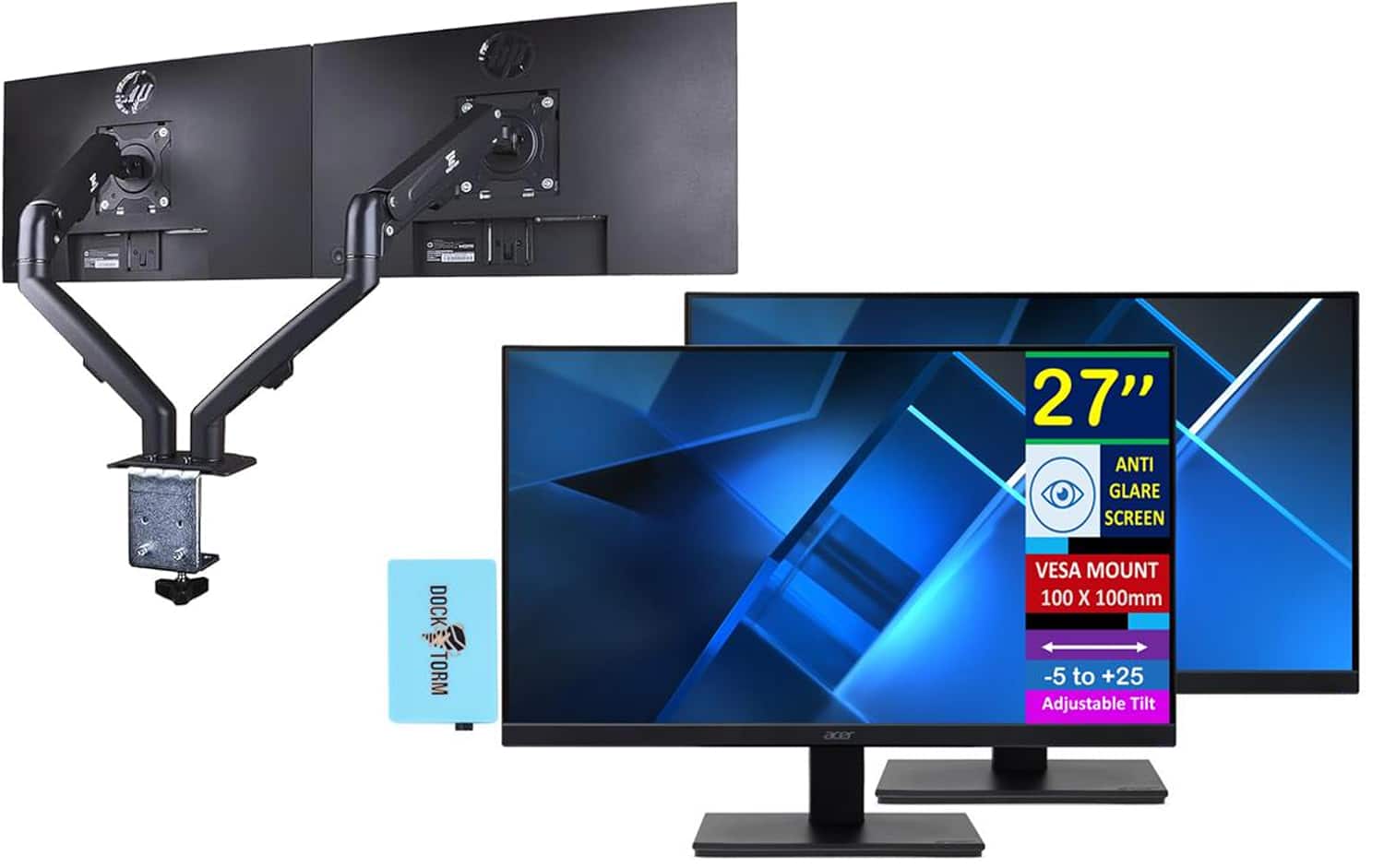 Acer - Vero V7 V277 E 27" FHD IPS Monitor, Anti-Glare, (UM.HV7AA.E01) 2 Pack w/DKZ Hub & Ergoflexy Dual Mount Arm - Black