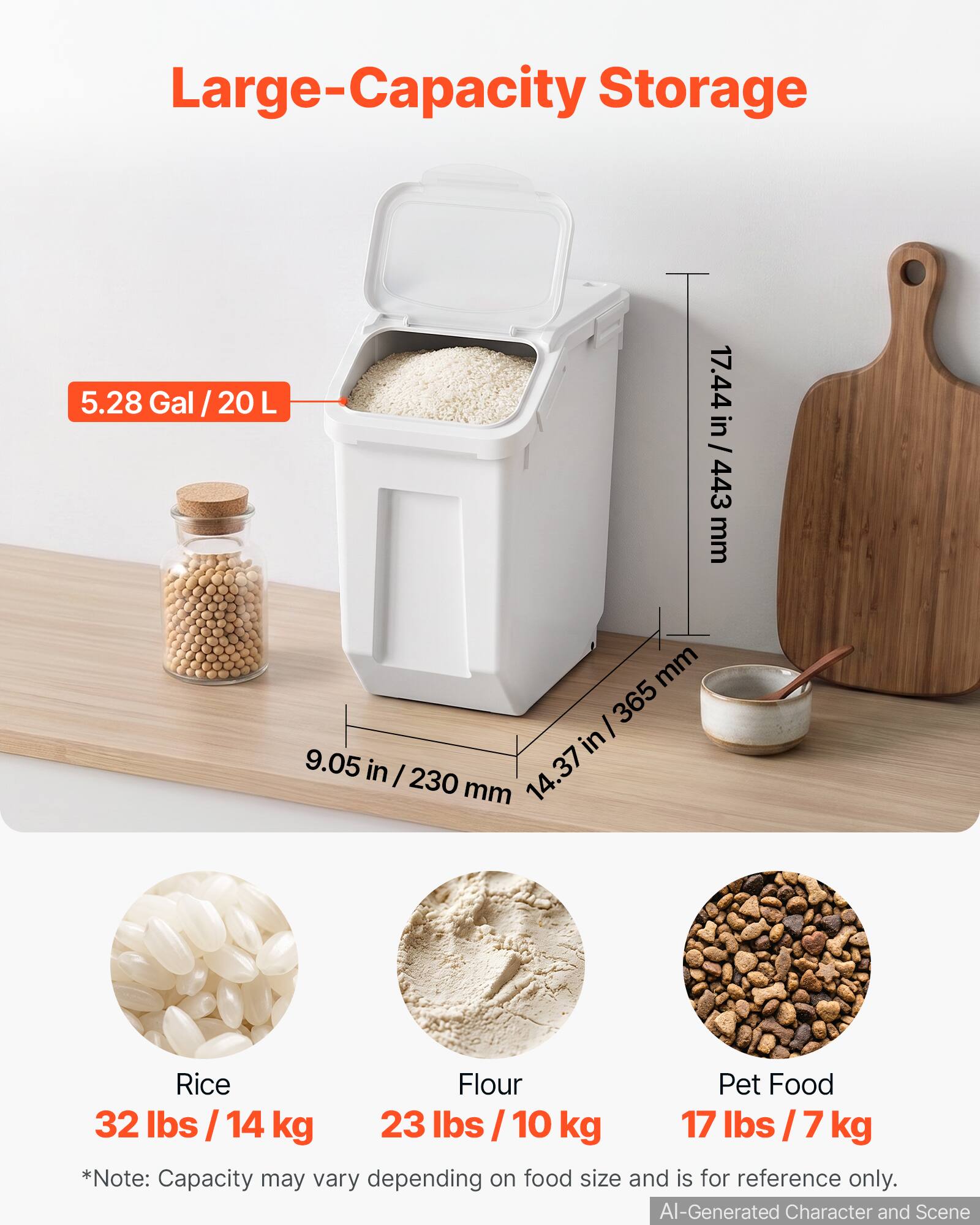 Large-Capacity Storage

5.28 Gal / 20 L

17.44 in / 443 mm

9.05 in / 230 mm

14.37 in / 365 mm

Rice: 32 lbs / 14 kg

Flour: 23 lbs / 10 kg

Pet Food: 17 lbs / 7 kg

*Note: Capacity may vary depending on food size and is for reference only.

AI-Generated Character and Scene