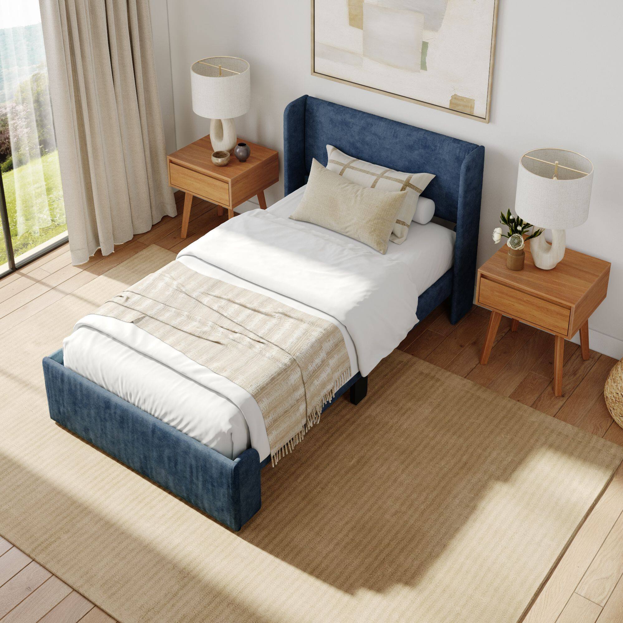 Alt View 5. Plank+Beam - Upholstered Bed with Rectangular Headboard (Twin), Blue - Blue.