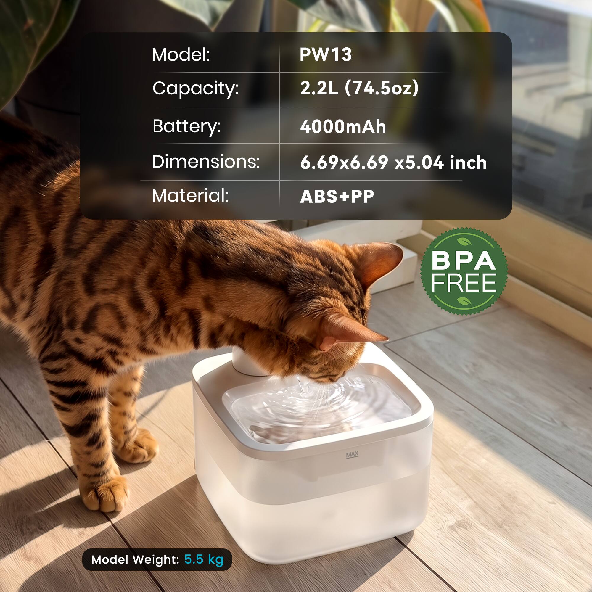 Oneisall 2.2L/74oz Wireless Cat Water Fountain With Silent Pump 3 Flow ...