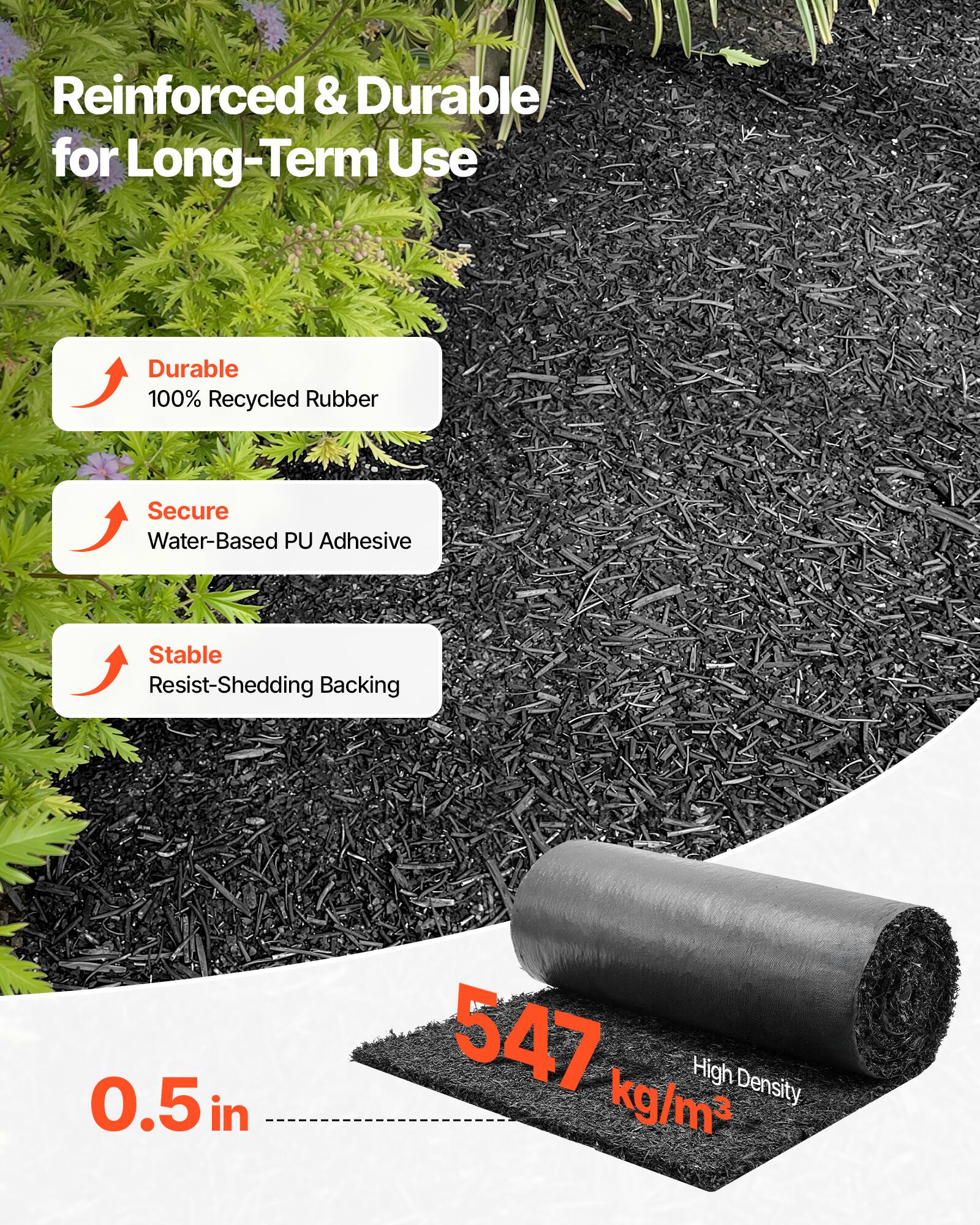 Reinforced & Durable for Long-Term Use

- Durable
  - 100% Recycled Rubber

- Secure
  - Water-Based PU Adhesive

- Stable
  - Resist-Shedding Backing

0.5 in

547 kg/m³
High Density