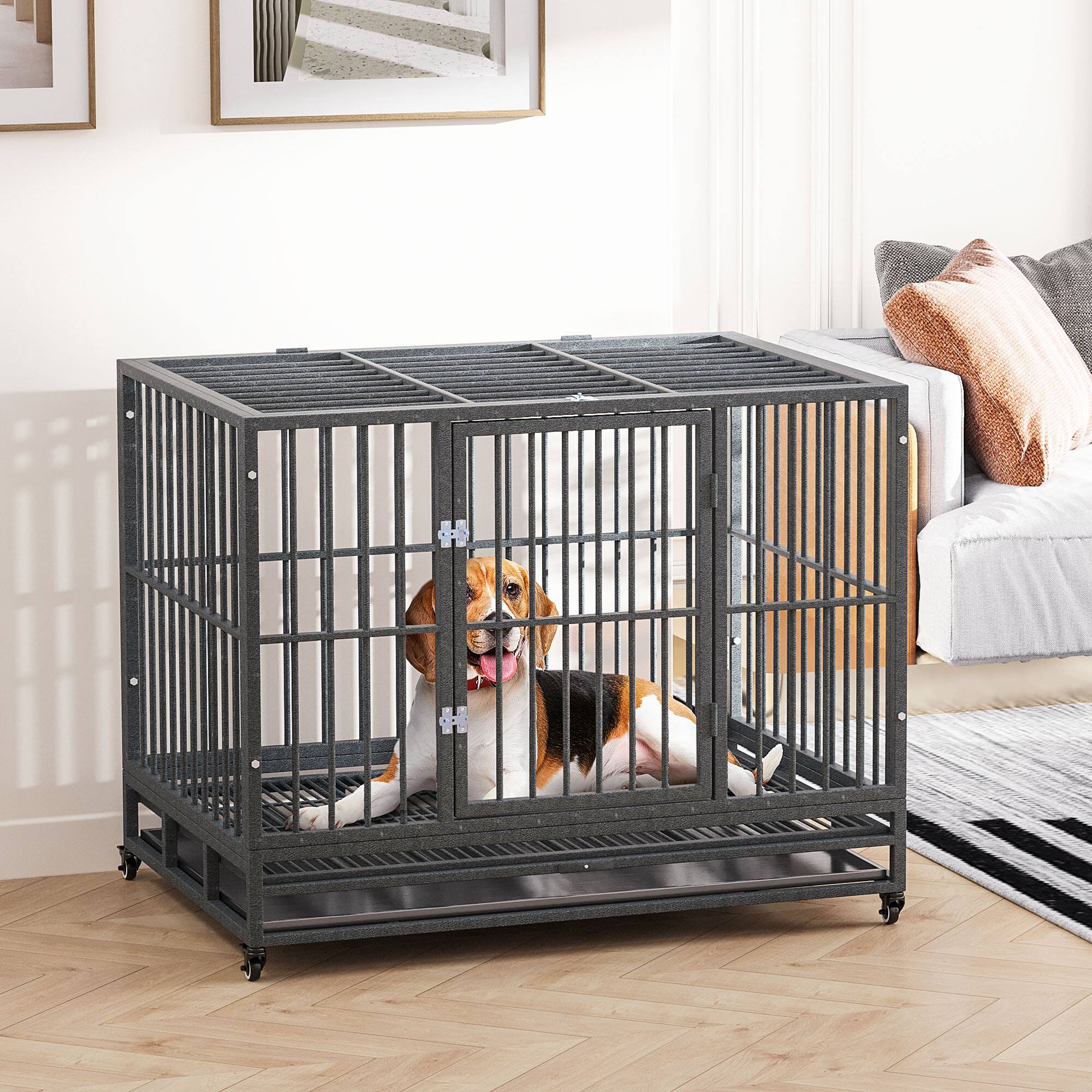 Angle. Pawhut - 43" Heavy Duty Dog Crate Metal Cage Kennel with Lockable Wheels, Double Door and Removable Tray.