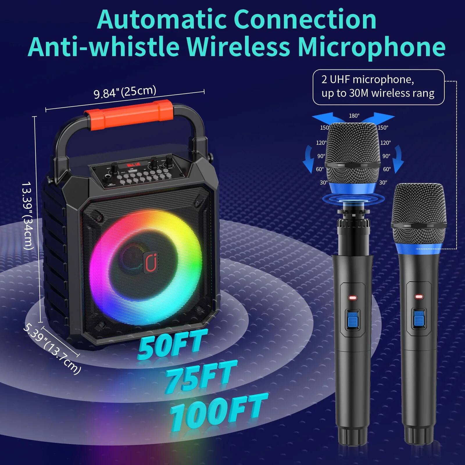 Automatic Connection Anti-whistle Wireless Microphone

2 UHF microphone, up to 30M wireless range

- 9.84" (25cm)
- 13.39" (34cm)
- 5.39" (13.7cm)

50FT 75FT 100FT